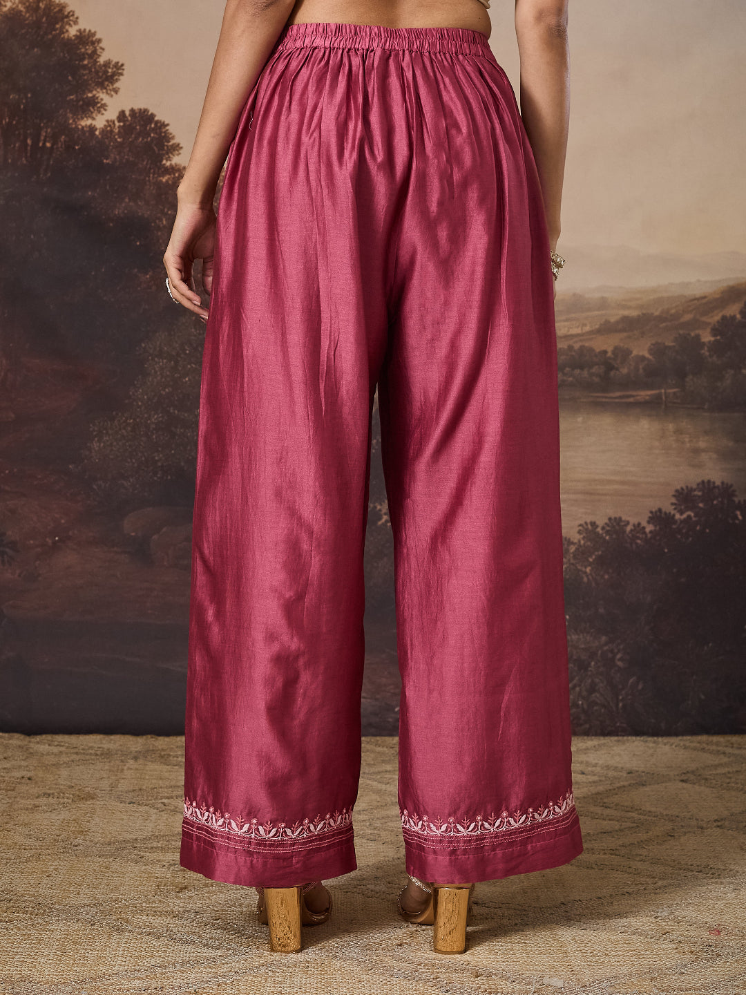 ANBAR CHIKANKARI CHANDERI  PINK WIDE LEG PANTS