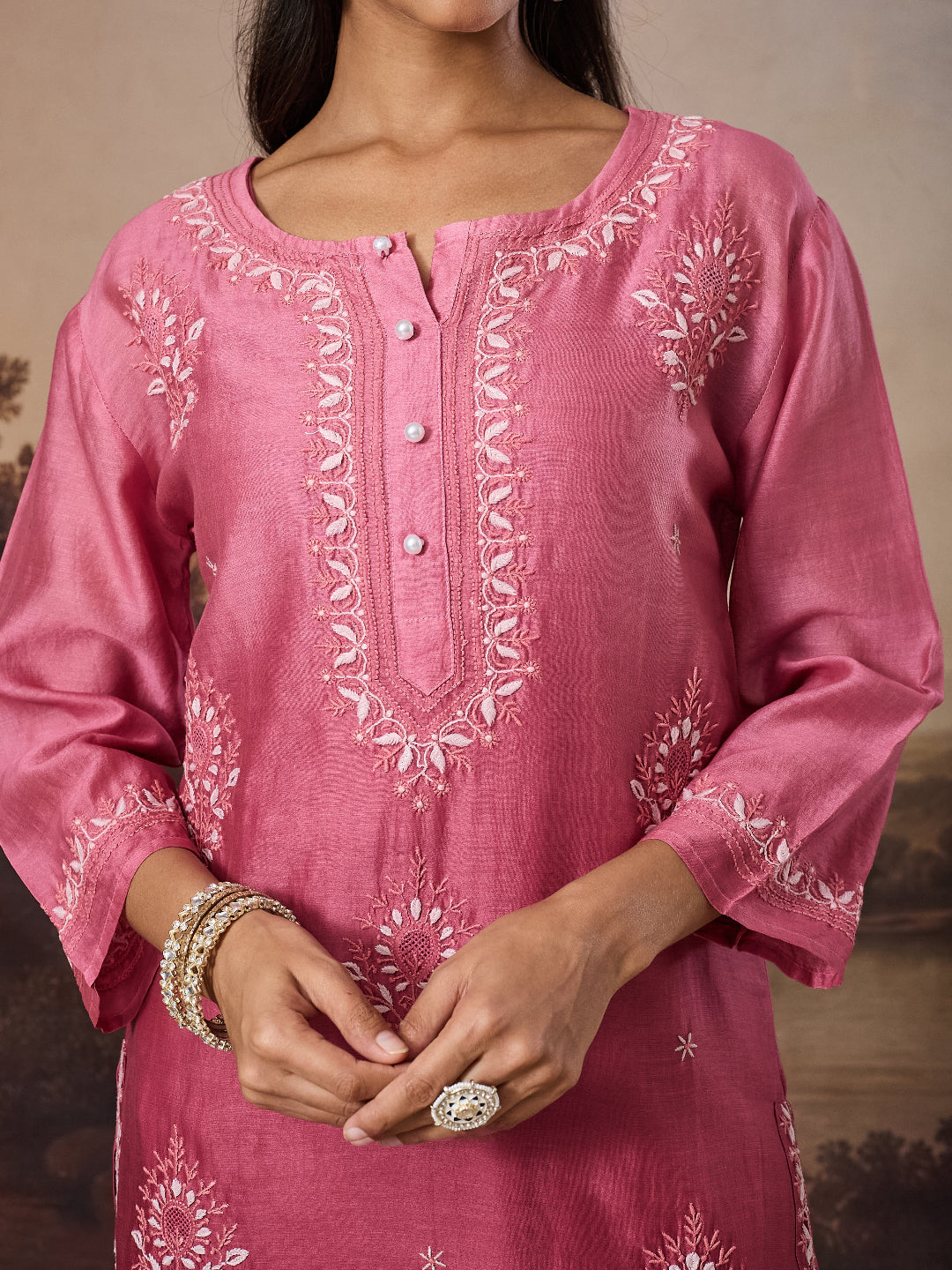 ANBAR CHIKANKARI CHANDERI PINK KURTA SET
