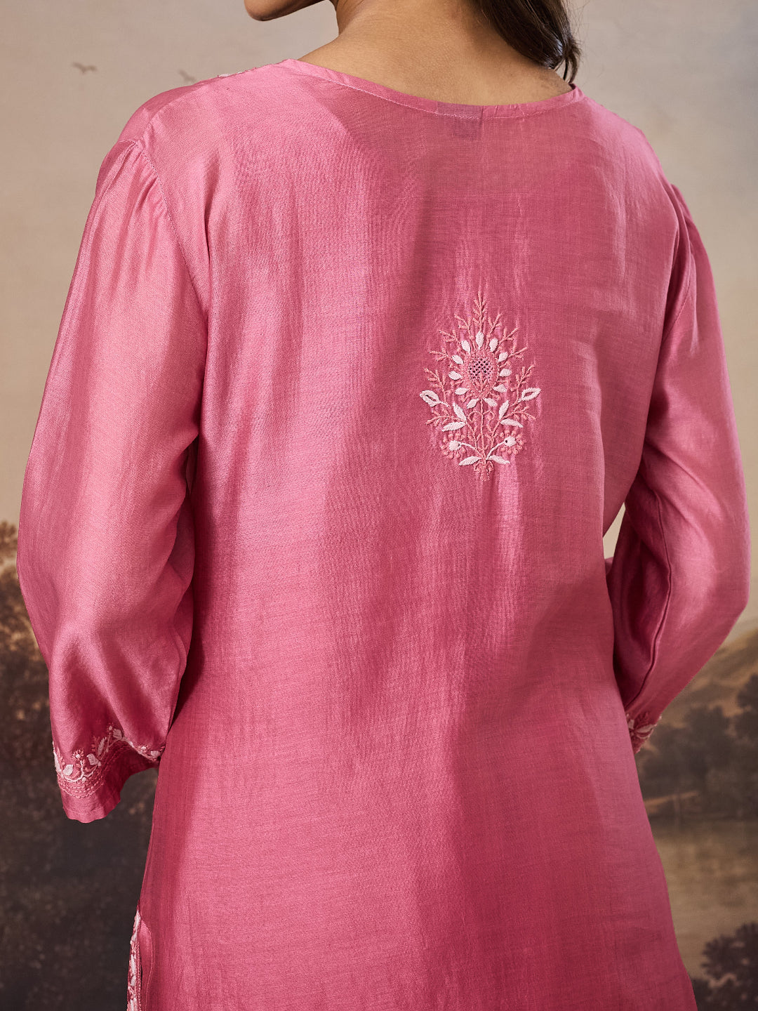 ANBAR CHIKANKARI CHANDERI PINK KURTA SET