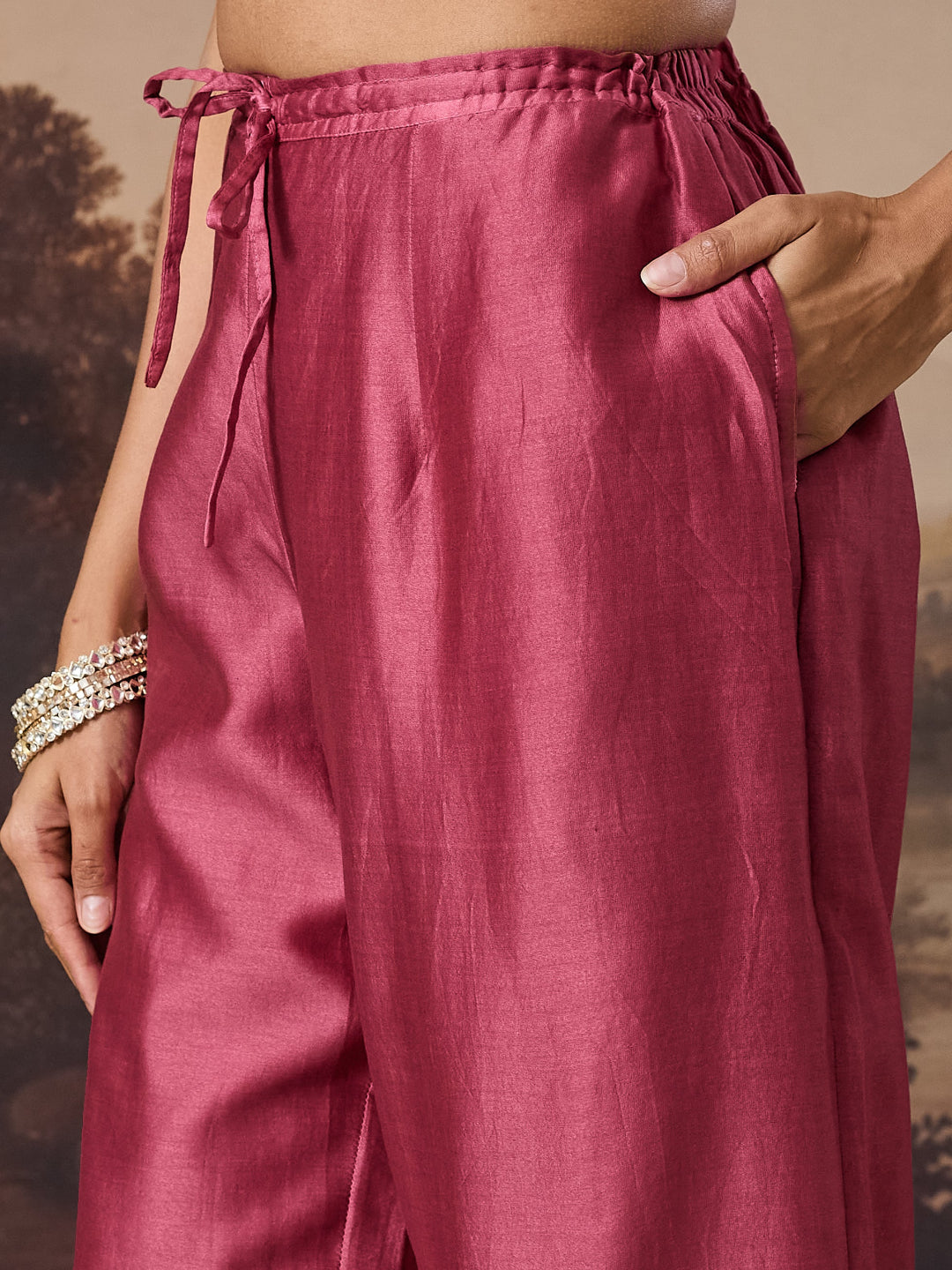 ANBAR CHIKANKARI CHANDERI PINK KURTA SET