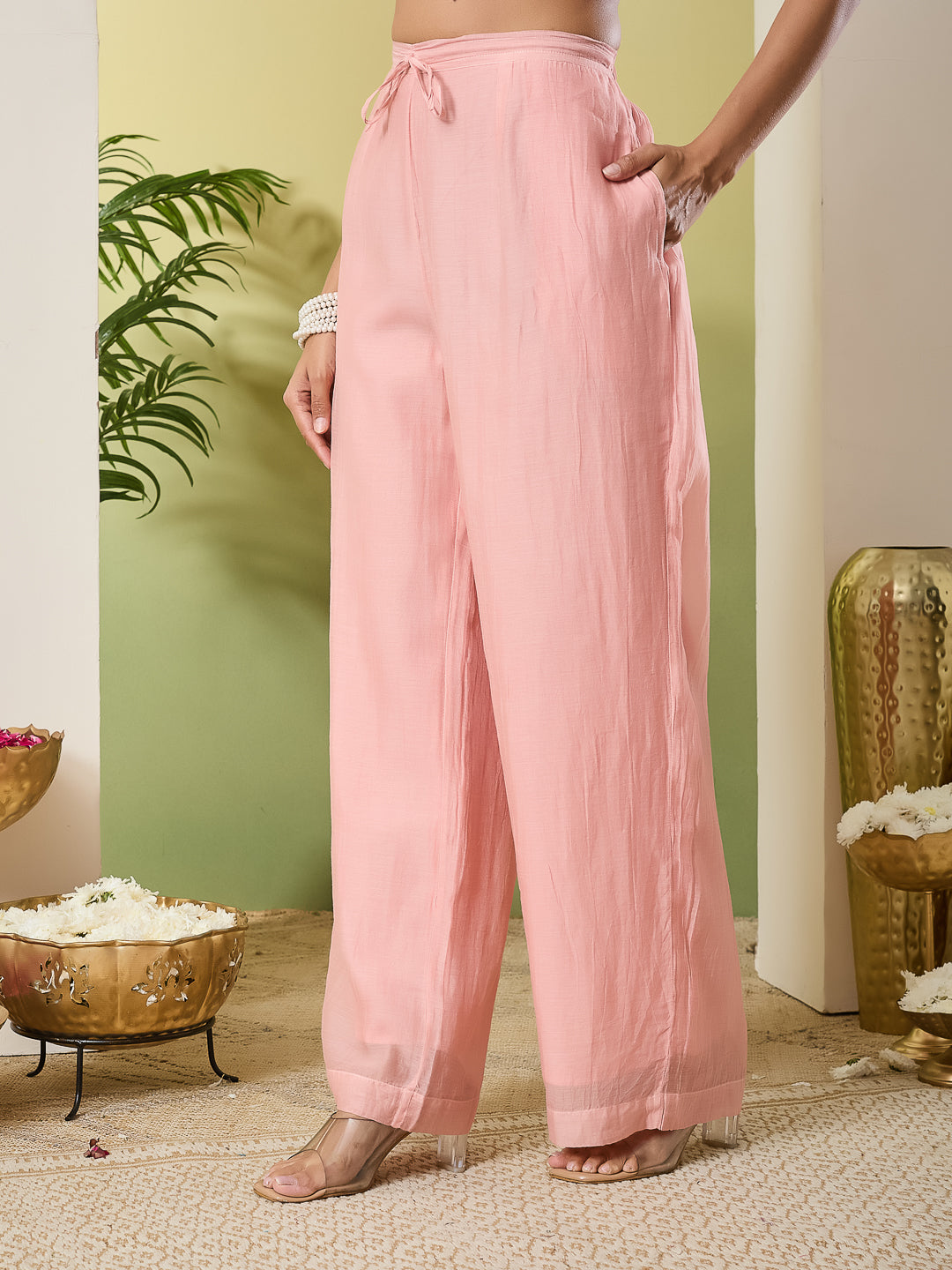 MIA CHIKANKARI MUL CHANDERI PEACH WIDE LEG PANTS