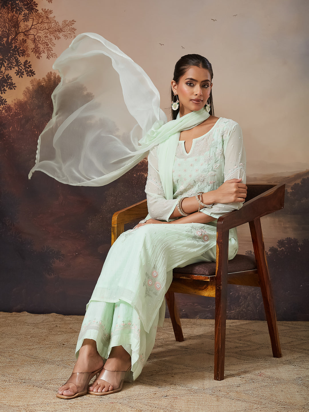 SHAHEEN CHIKANKARI MUL CHANDERI GREEN KURTA