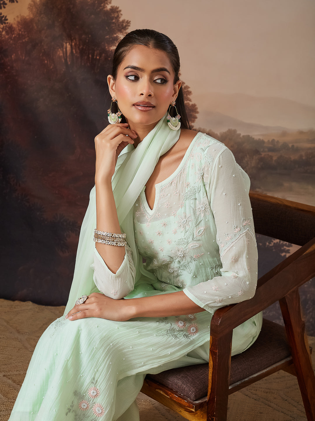 SHAHEEN CHIKANKARI MUL CHANDERI GREEN KURTA SET