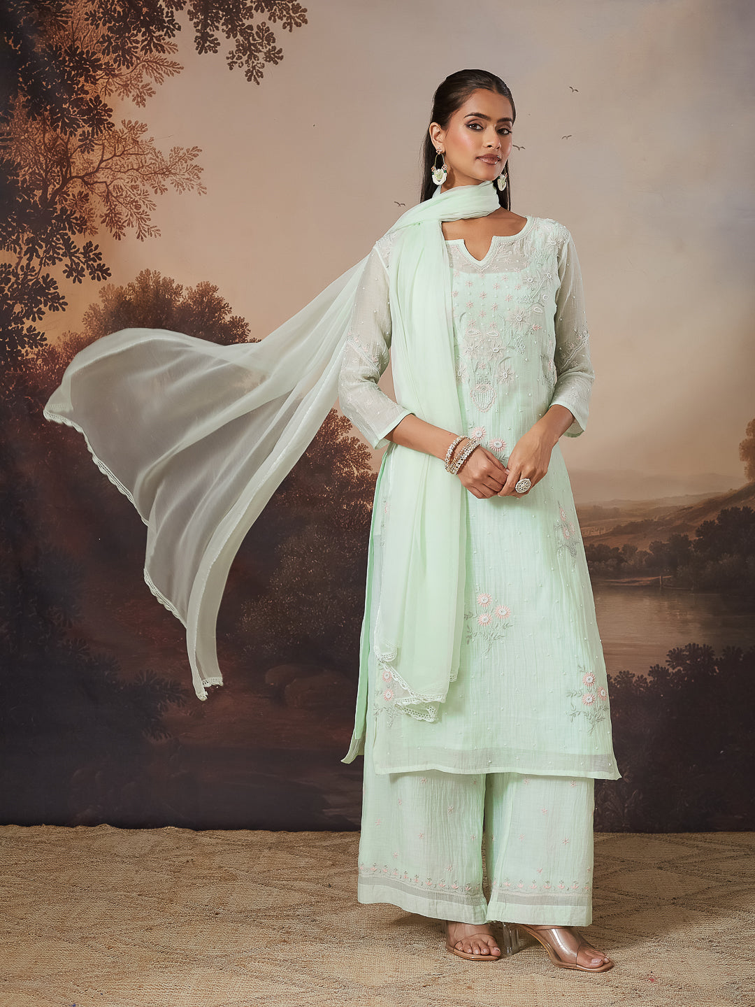 SHAHEEN CHIKANKARI MUL CHANDERI GREEN KURTA