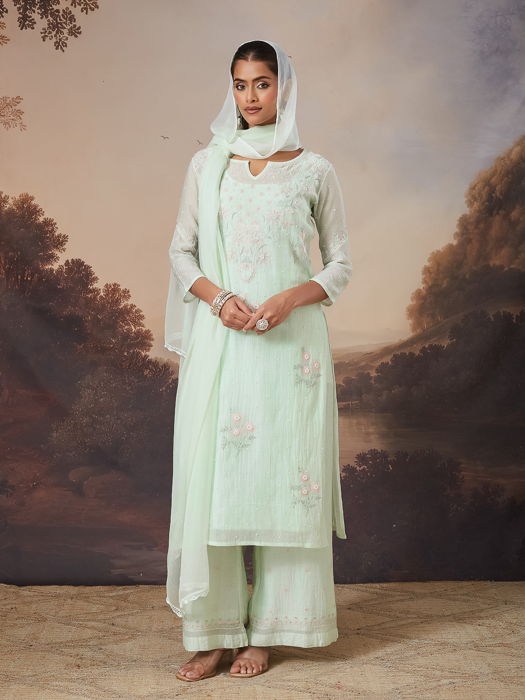 MIHEEN CHIKANKARI MUL CHANDERI GREEN WIDE LEG PANTS