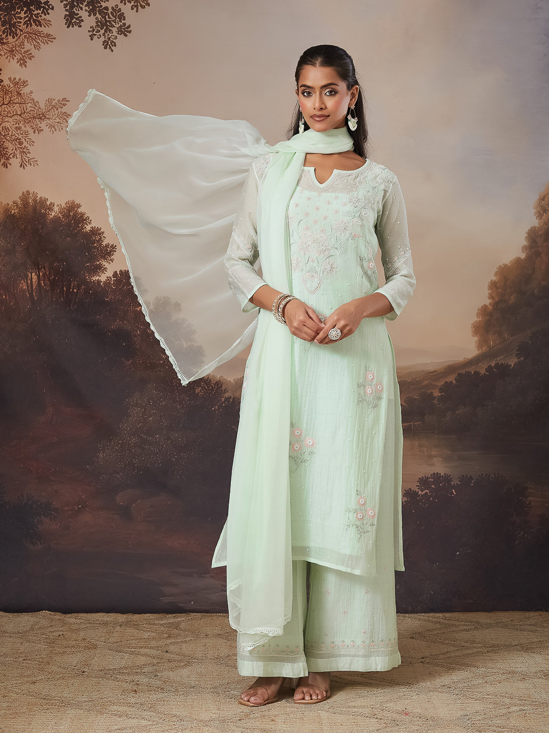 SHAHEEN CHIKANKARI MUL CHANDERI GREEN KURTA