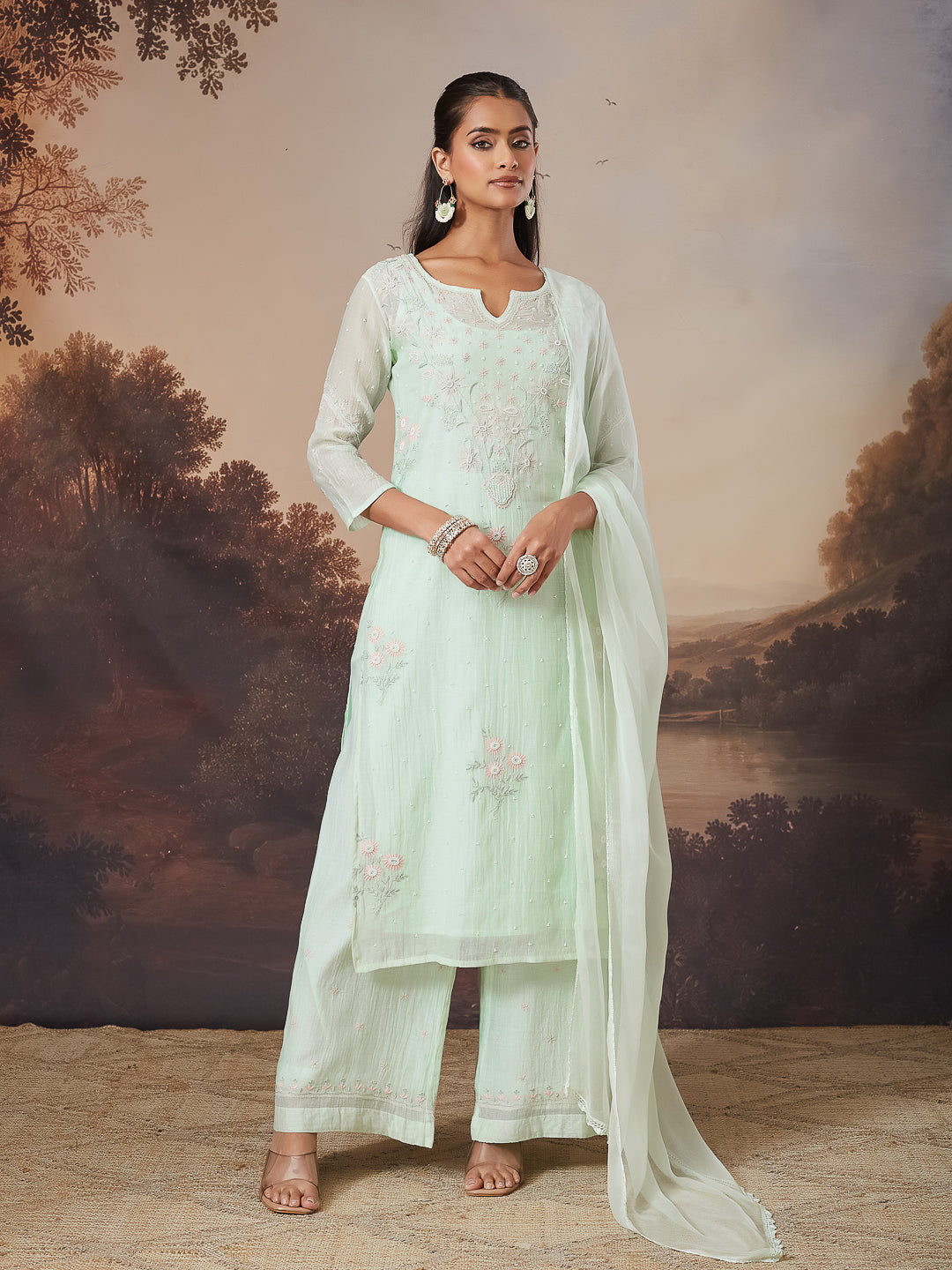 SHAHEEN CHIKANKARI MUL CHANDERI GREEN KURTA