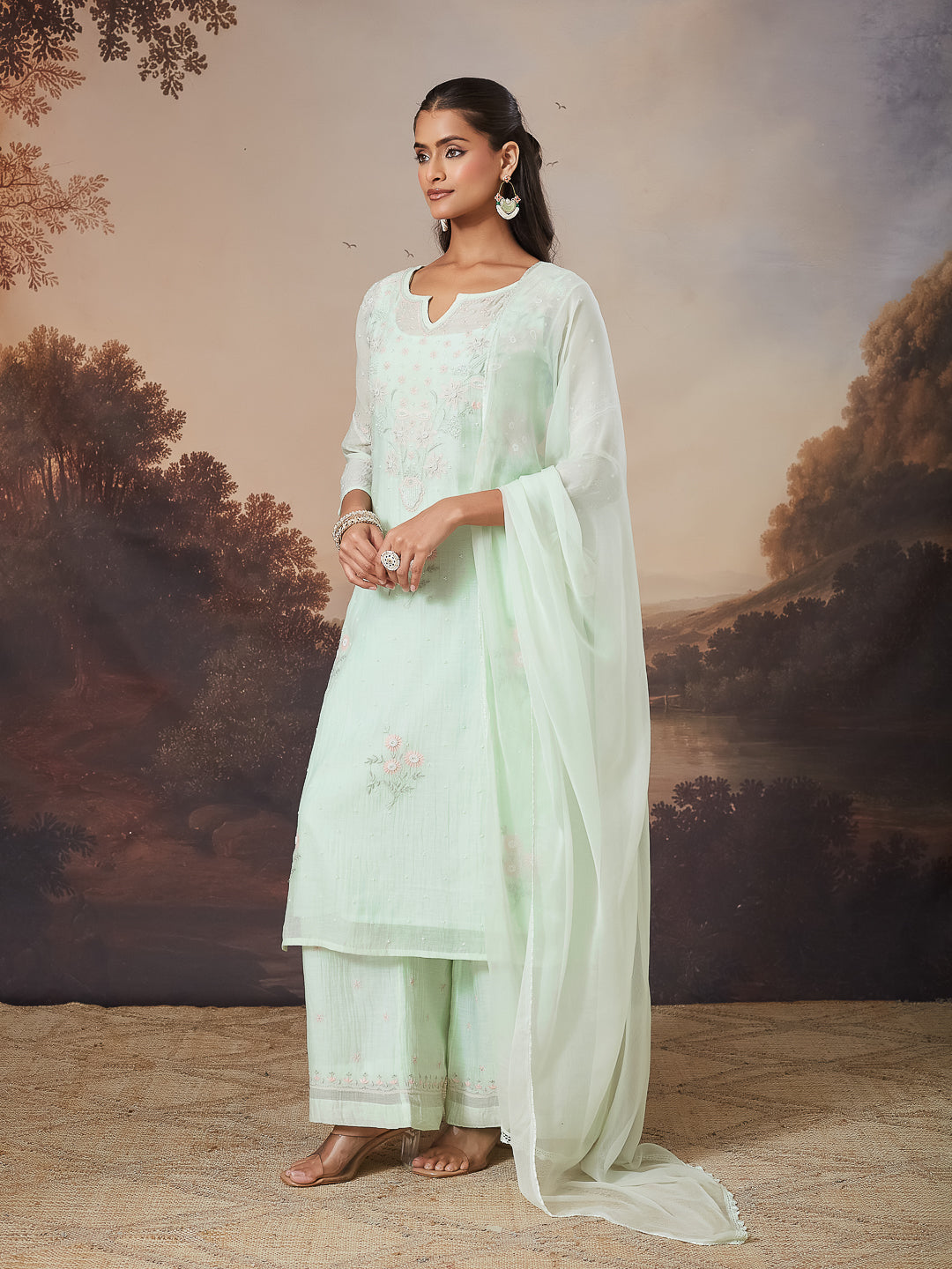 SHAHEEN CHIKANKARI MUL CHANDERI GREEN KURTA