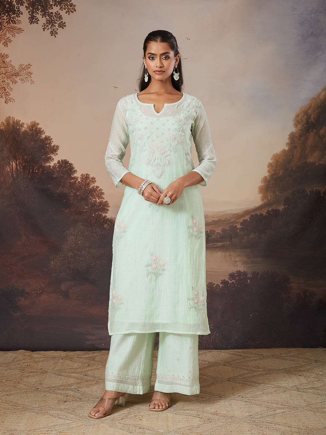 SHAHEEN CHIKANKARI MUL CHANDERI GREEN KURTA