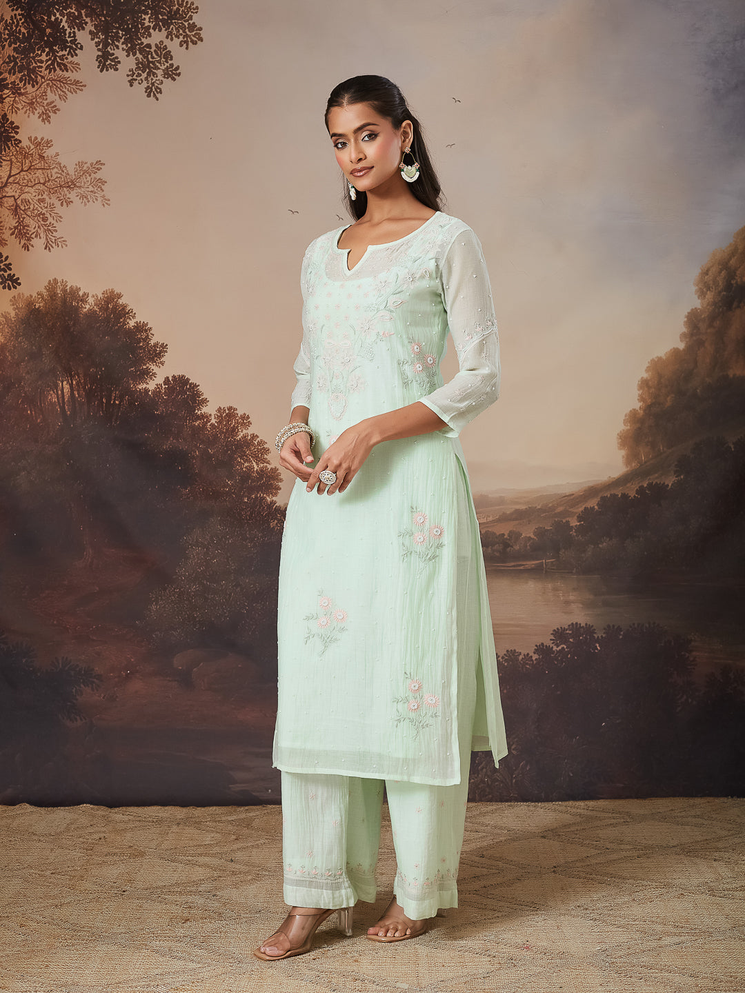 SHAHEEN CHIKANKARI MUL CHANDERI GREEN KURTA