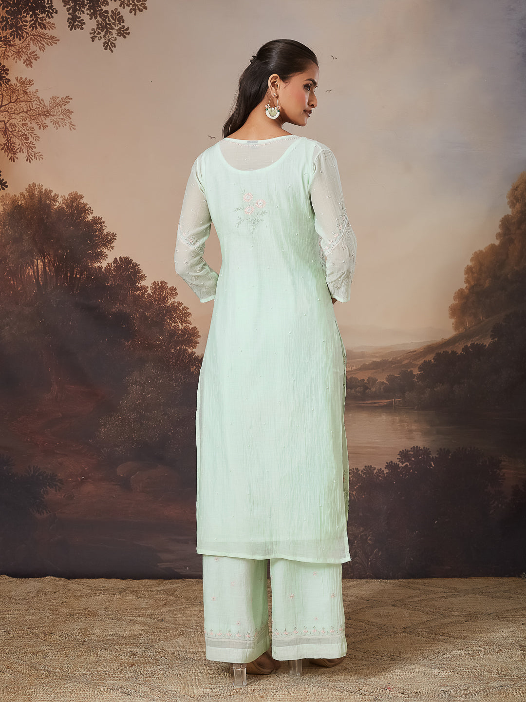 SHAHEEN CHIKANKARI MUL CHANDERI GREEN KURTA