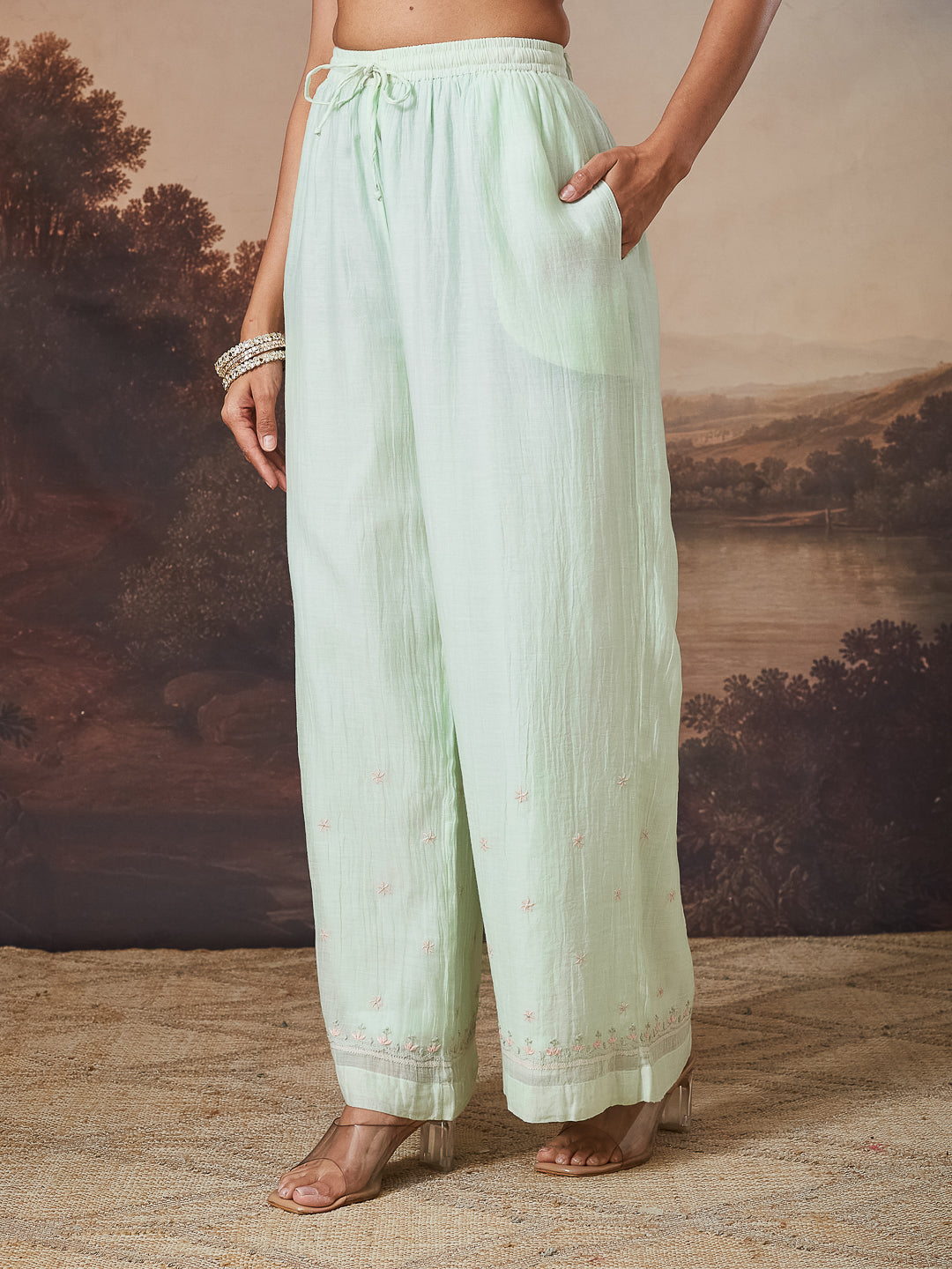 MIHEEN CHIKANKARI MUL CHANDERI GREEN WIDE LEG PANTS