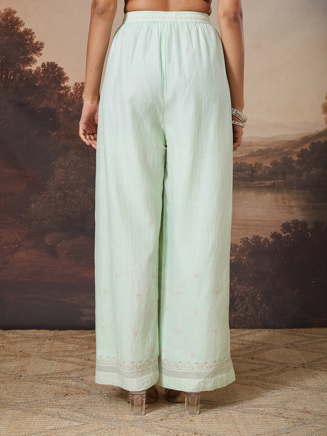 MIHEEN CHIKANKARI MUL CHANDERI GREEN WIDE LEG PANTS