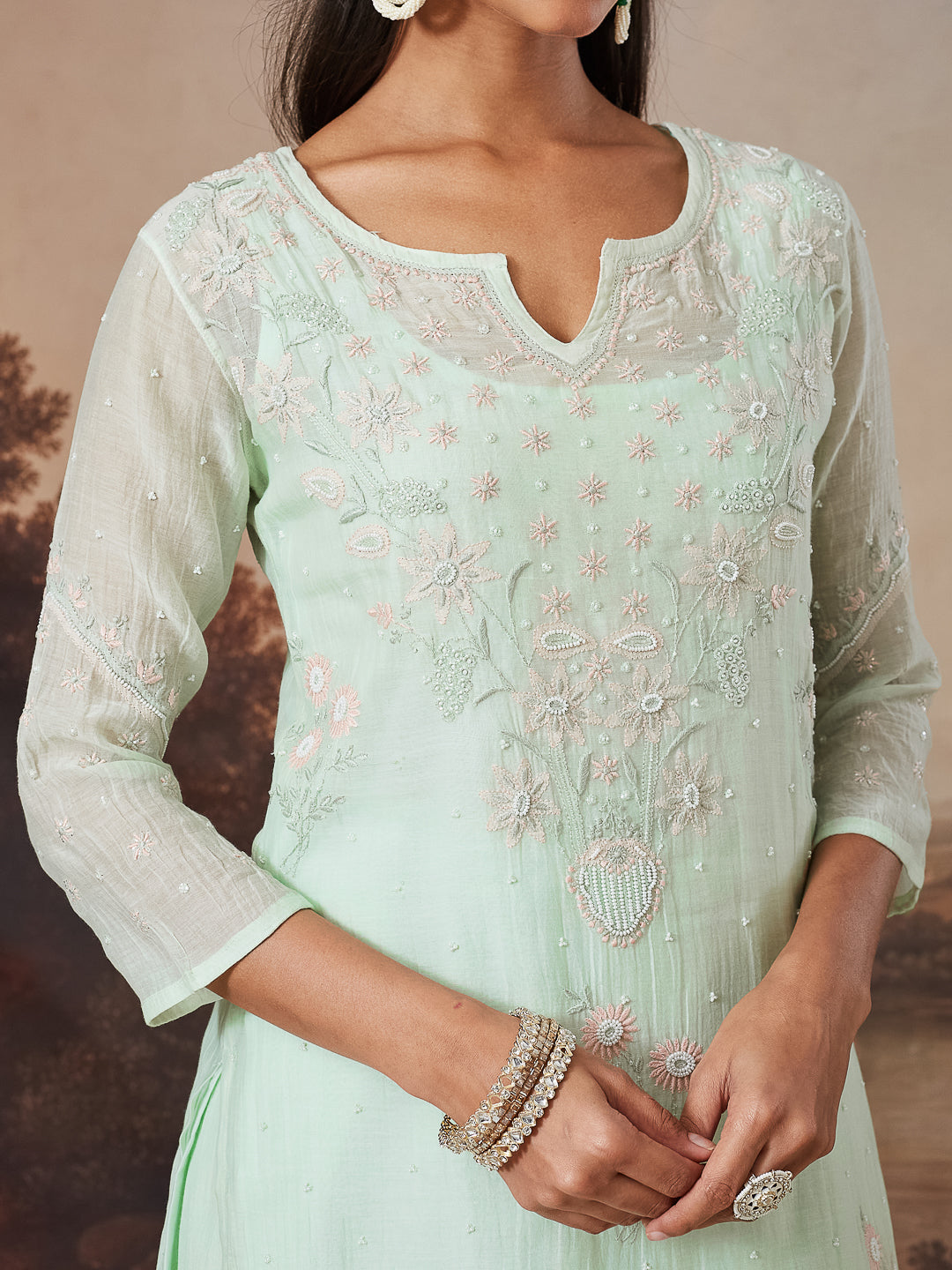 SHAHEEN CHIKANKARI MUL CHANDERI GREEN KURTA