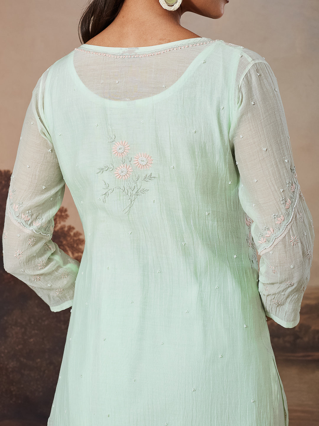 SHAHEEN CHIKANKARI MUL CHANDERI GREEN KURTA