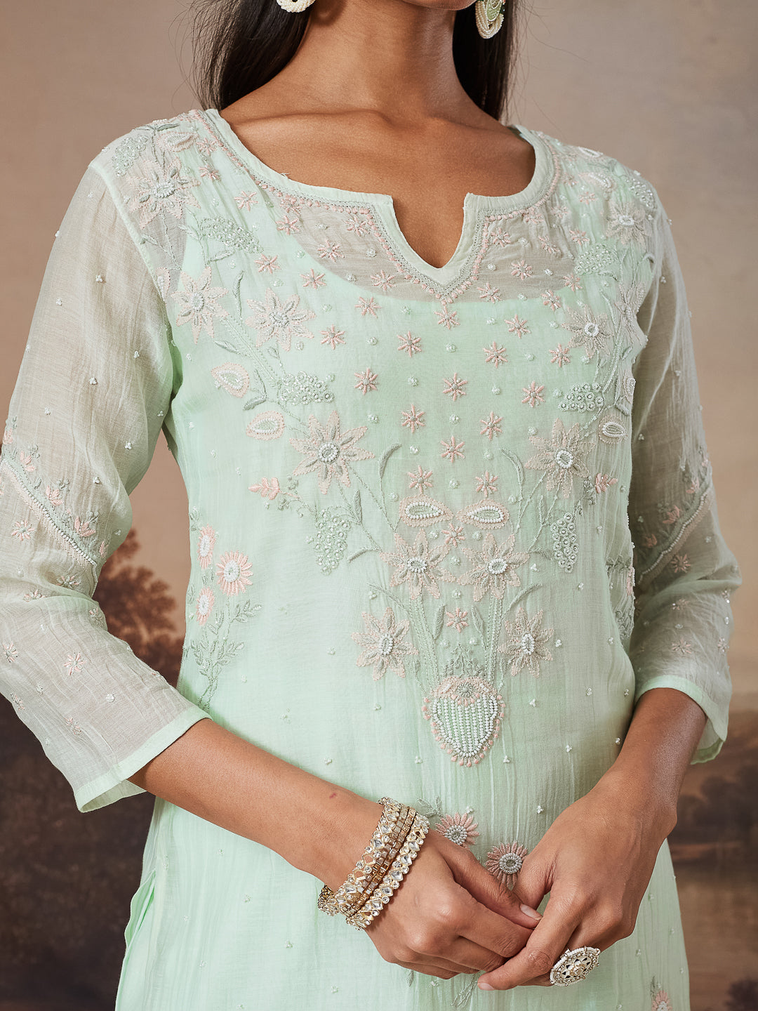 SHAHEEN CHIKANKARI MUL CHANDERI GREEN KURTA SET