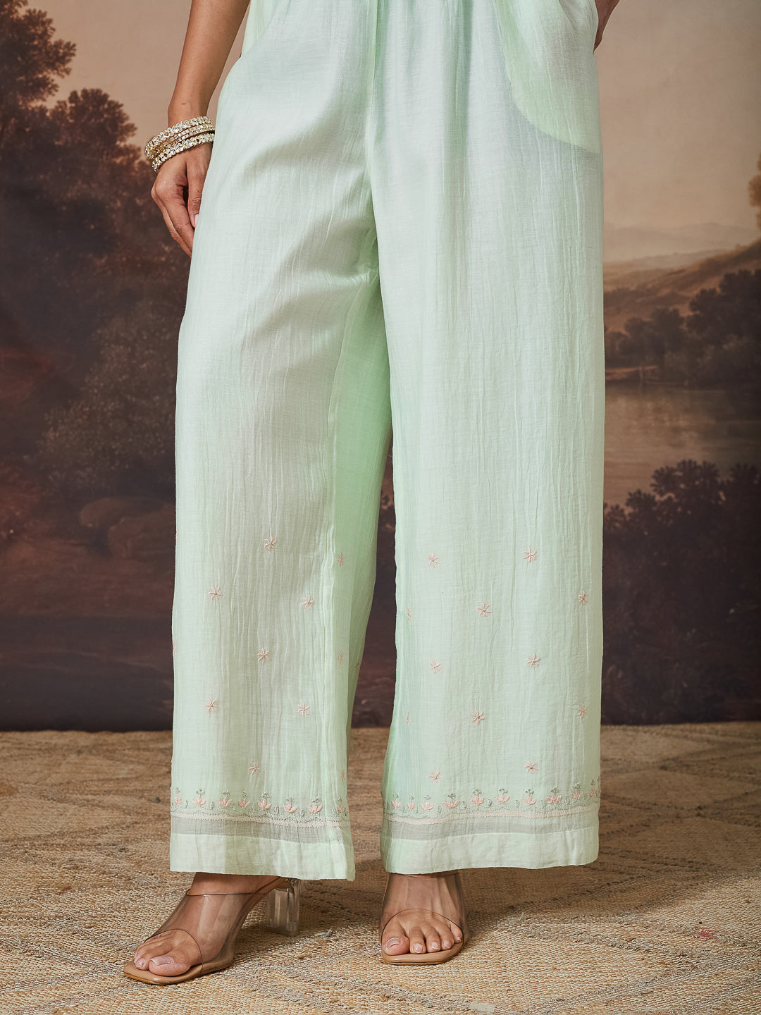 MIHEEN CHIKANKARI MUL CHANDERI GREEN WIDE LEG PANTS
