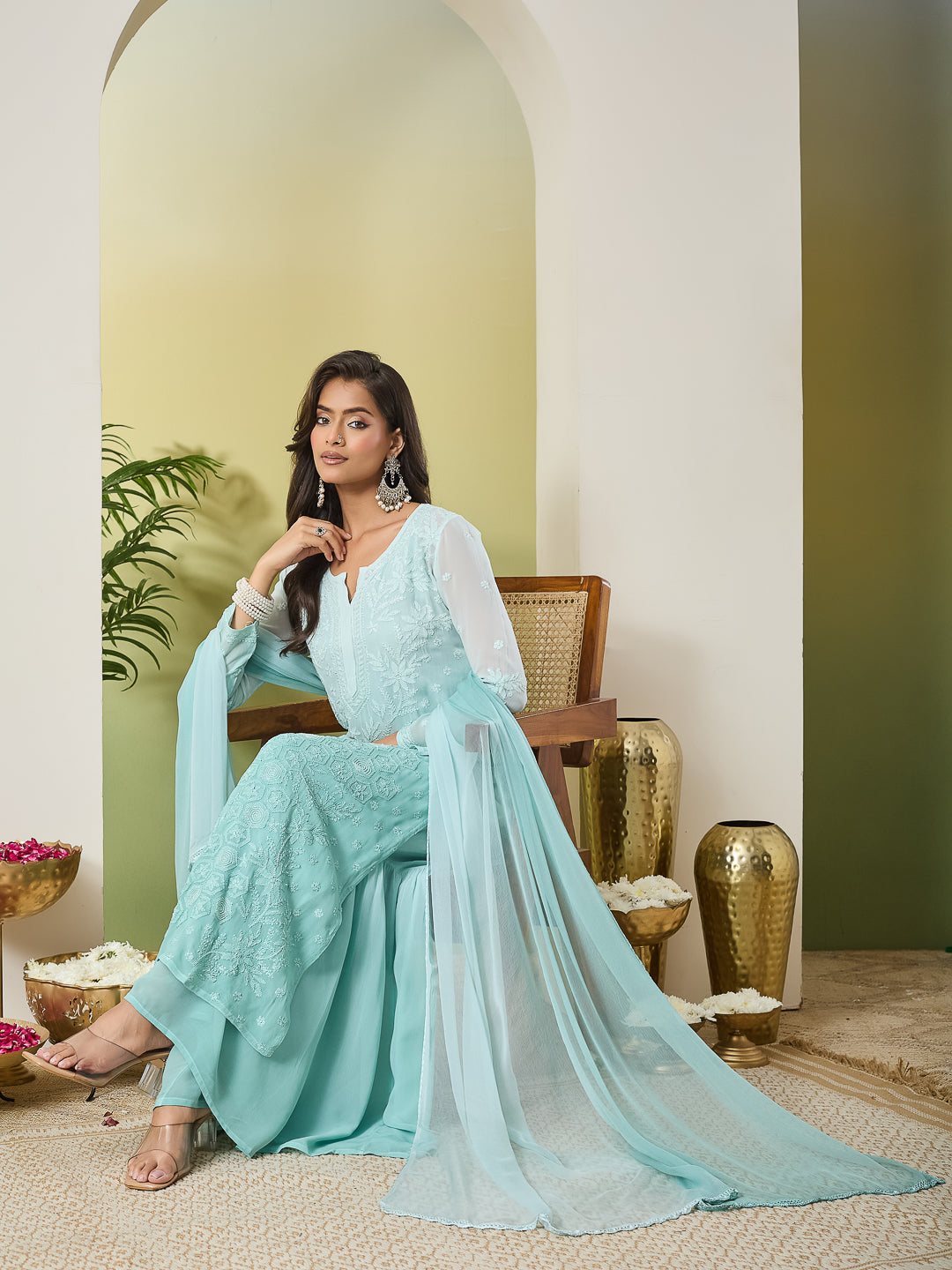 SHAIRA CHIKANKARI GEORGETTE GREEN KURTA