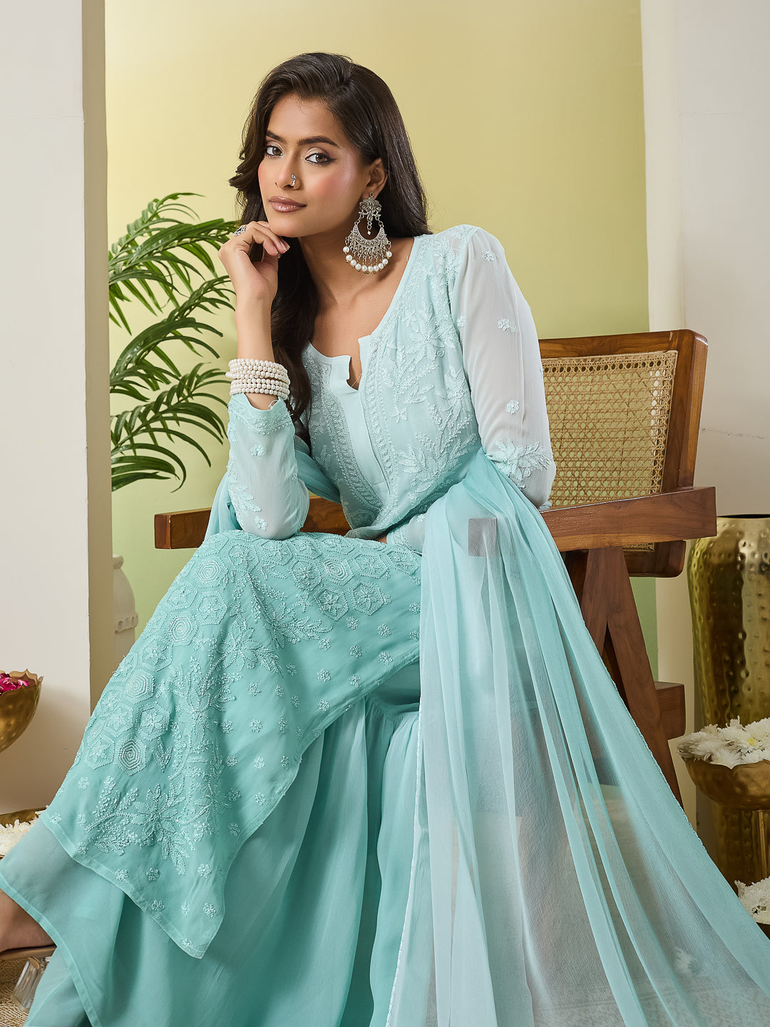 SHAIRA CHIKANKARI GEORGETTE GREEN KURTA