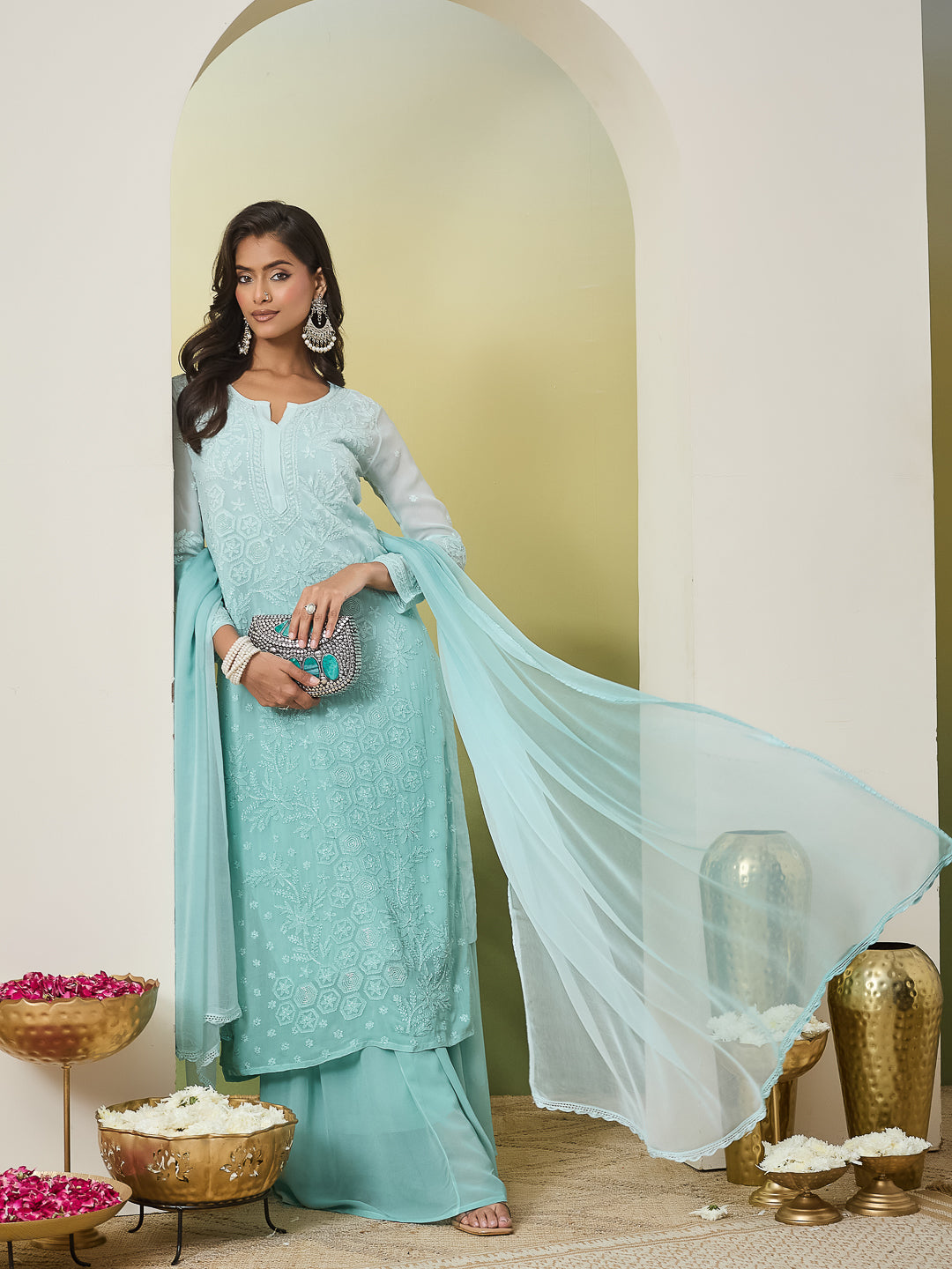 SHAIRA CHIKANKARI GEORGETTE GREEN KURTA SET