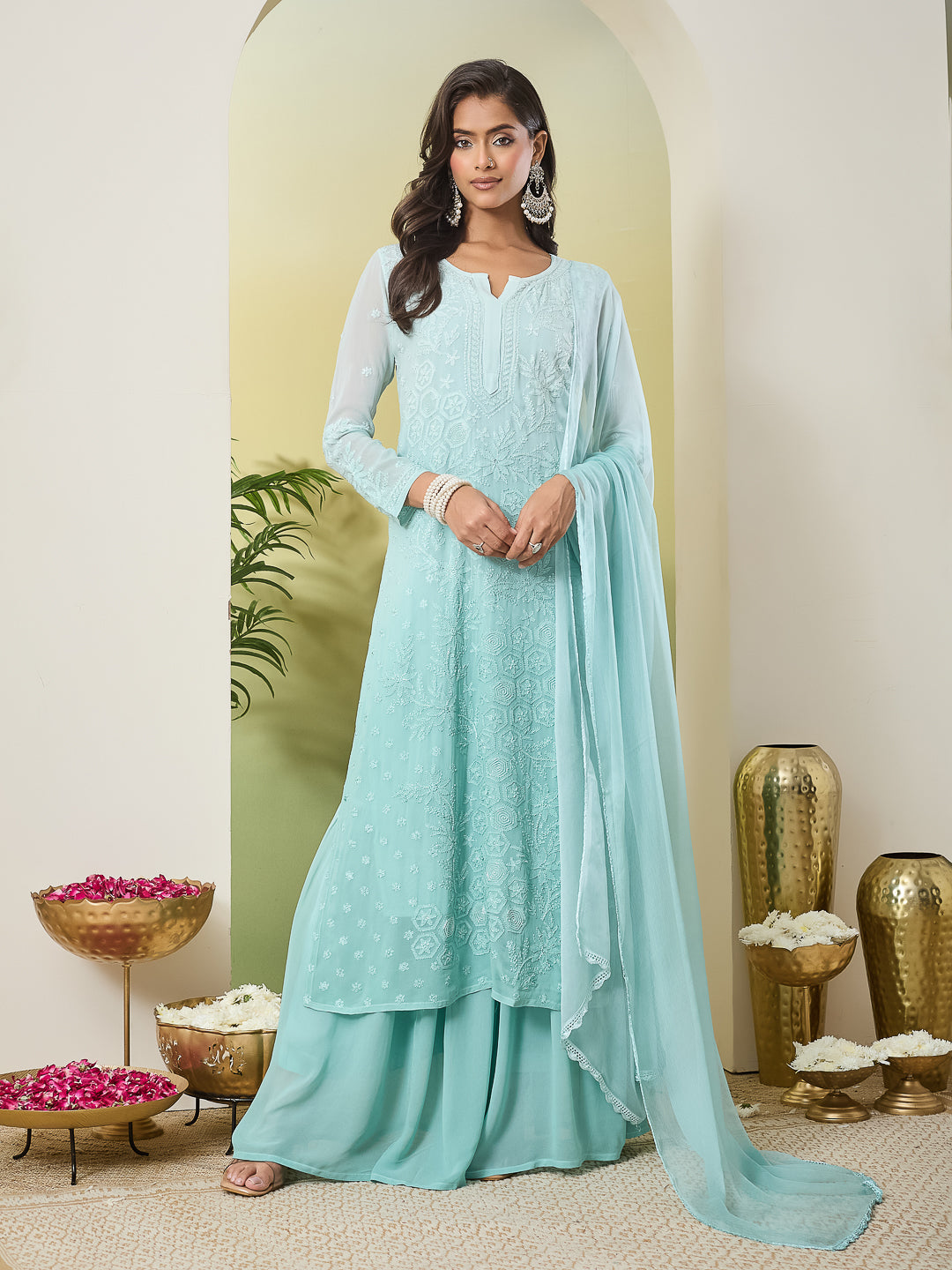 SHAIRA CHIKANKARI GEORGETTE GREEN KURTA
