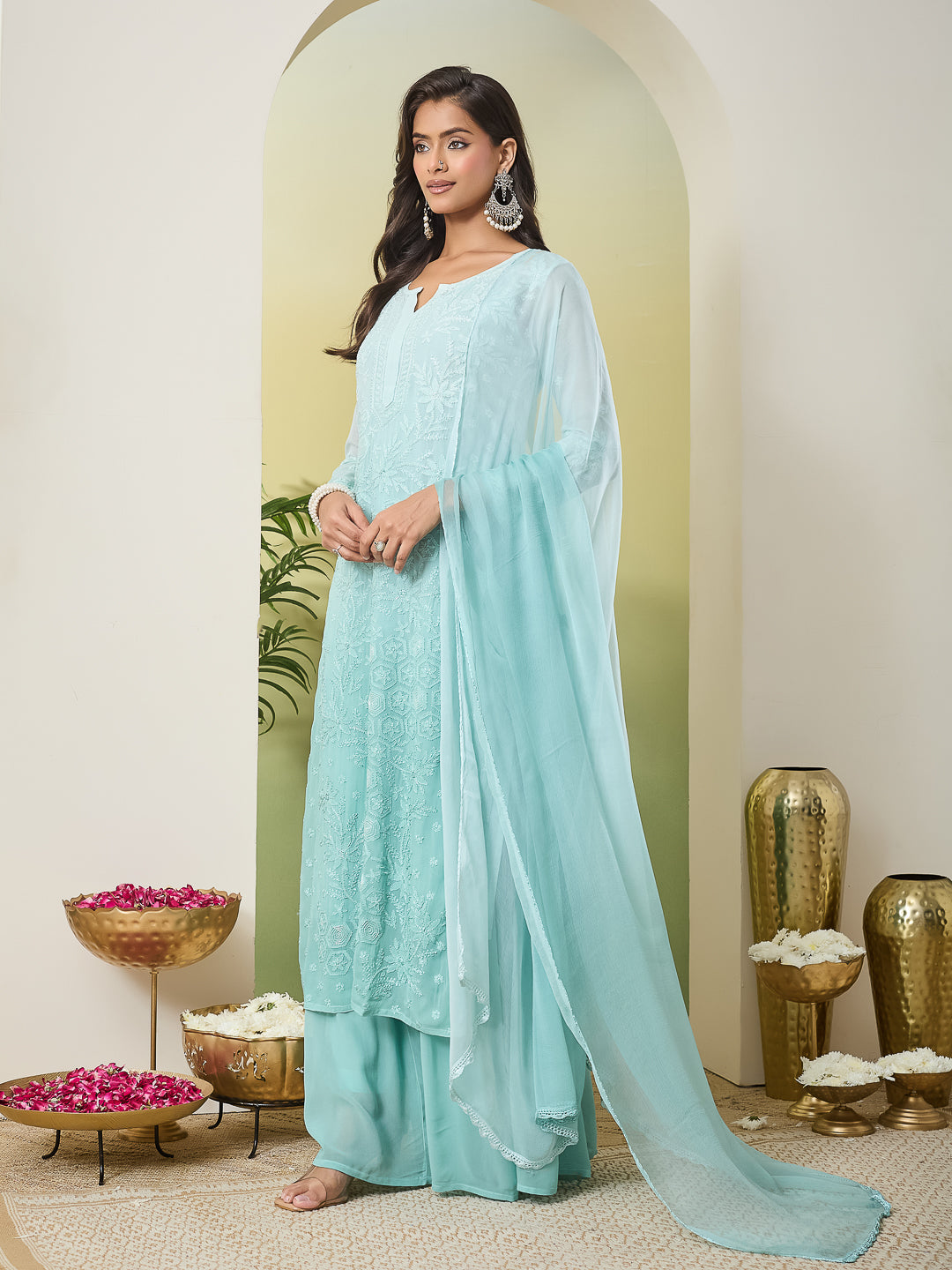 SHAIRA CHIKANKARI GEORGETTE GREEN KURTA SET
