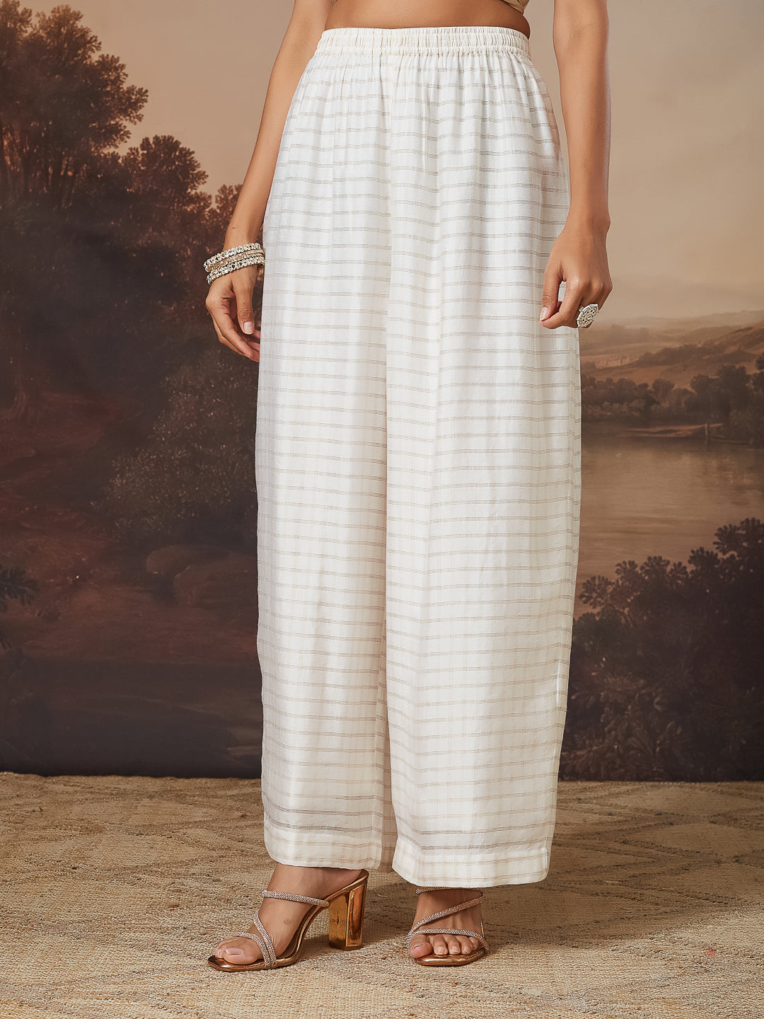 TIRAAZ CHIKANKARI CHANDERI IVORY WIDE LEG PANTS