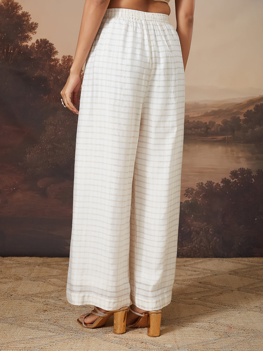 TIRAAZ CHIKANKARI CHANDERI IVORY WIDE LEG PANTS