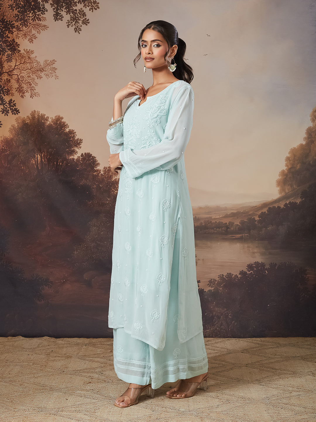 IVASHA CHIKANKARI GEORGETTE GREEN WIDE LEG PANTS