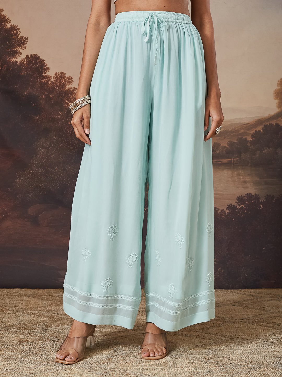 IVASHA CHIKANKARI GEORGETTE GREEN WIDE LEG PANTS