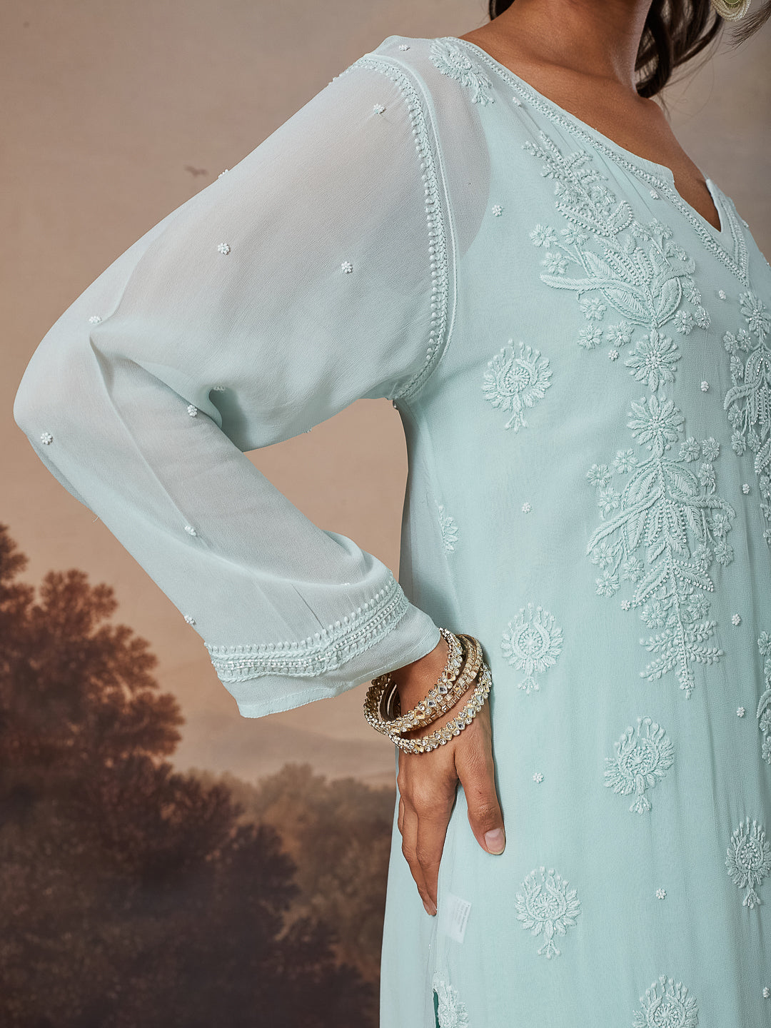 ARISHA CHIKANKARI GEORGETTE GREEN KURTA