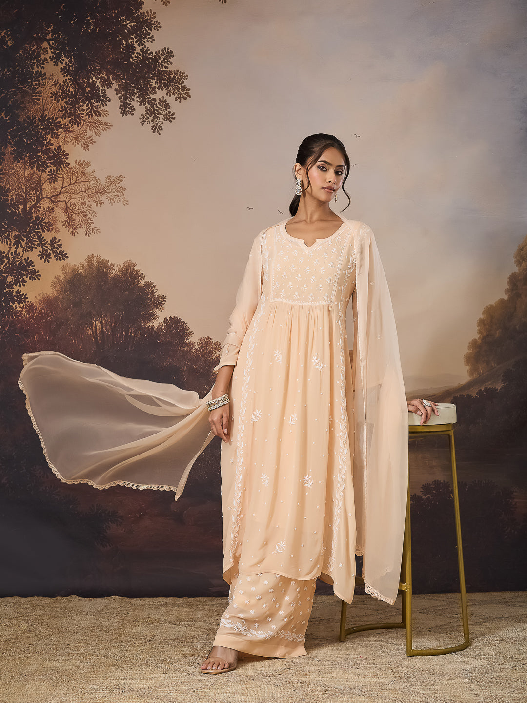 IVAYRA CHIKANKARI GEORGETTE BEIGE WIDE LEG PANTS