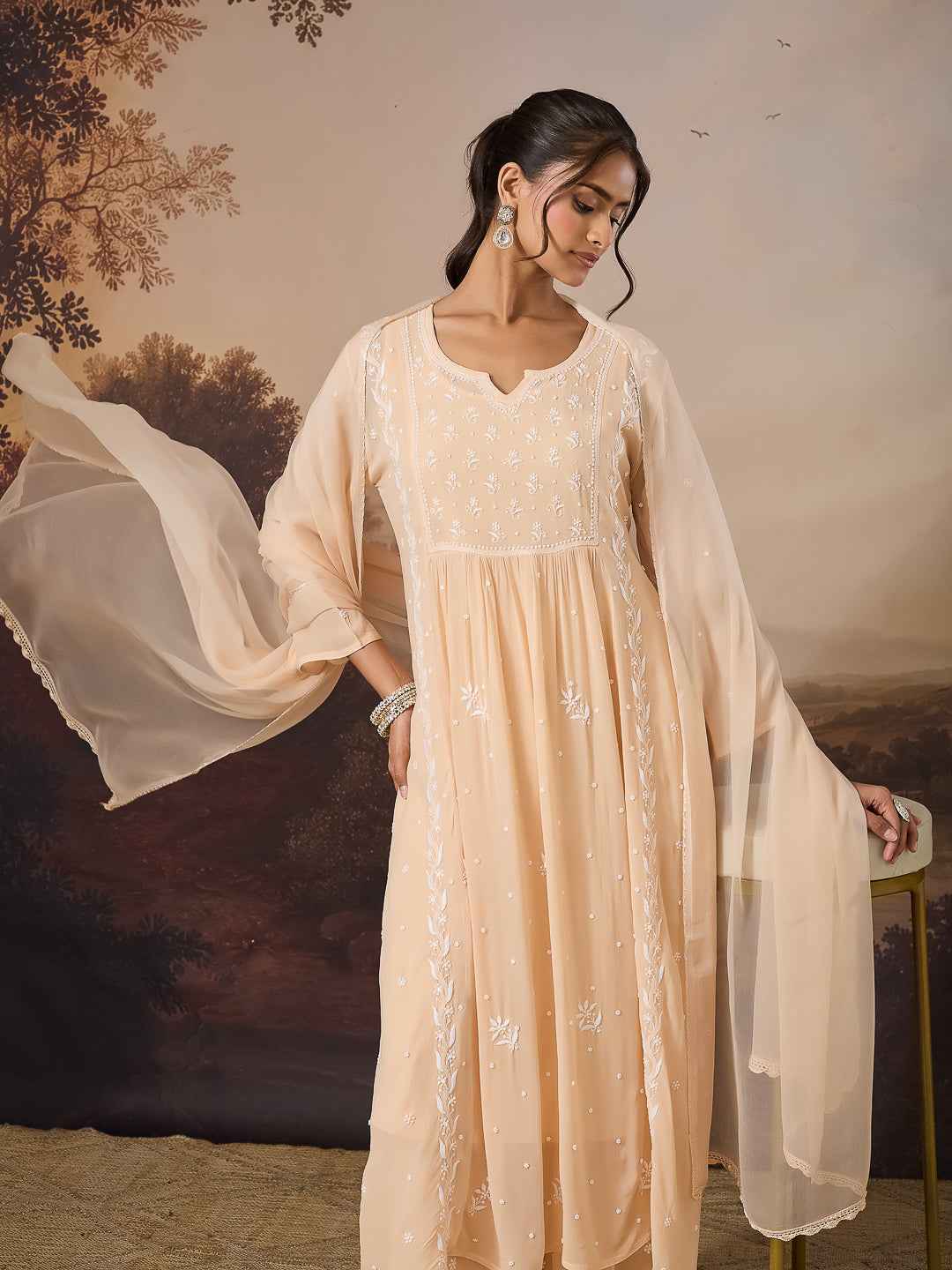 NAYRA CHIKANKARI GEORGETTE BEIGE KURTA