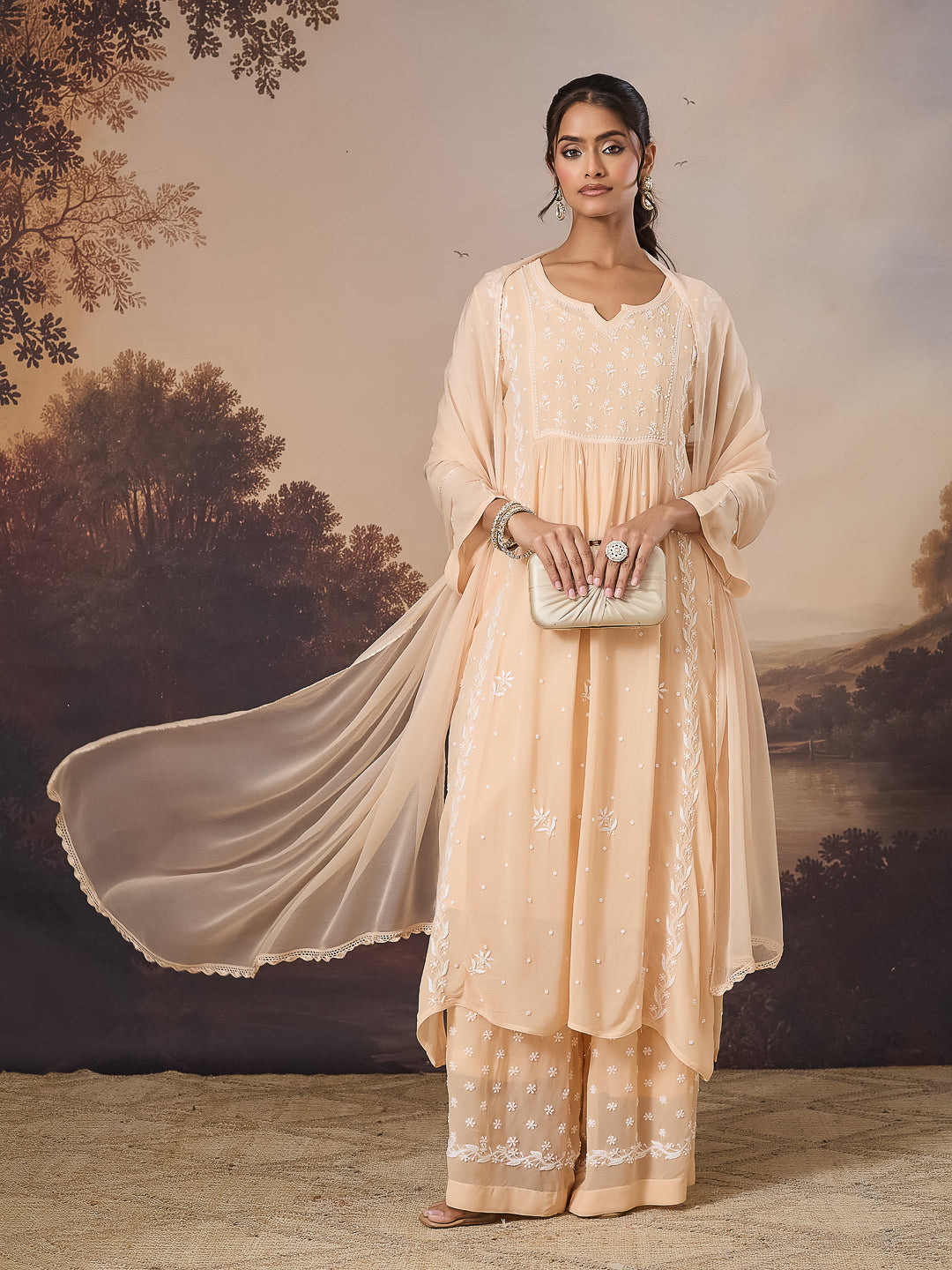 NAYRA CHIKANKARI GEORGETTE BEIGE KURTA