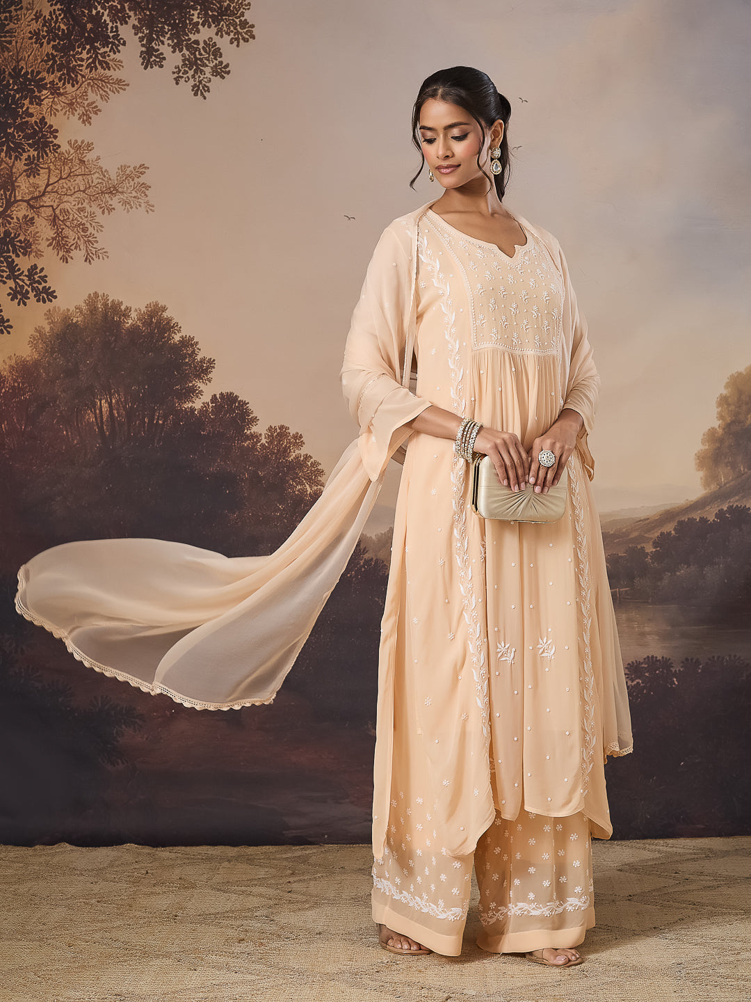NAYRA CHIKANKARI GEORGETTE BEIGE KURTA