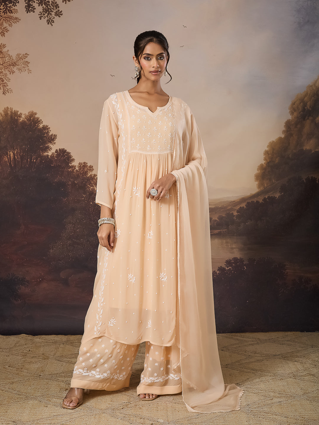 NAYRA CHIKANKARI GEORGETTE BEIGE KURTA