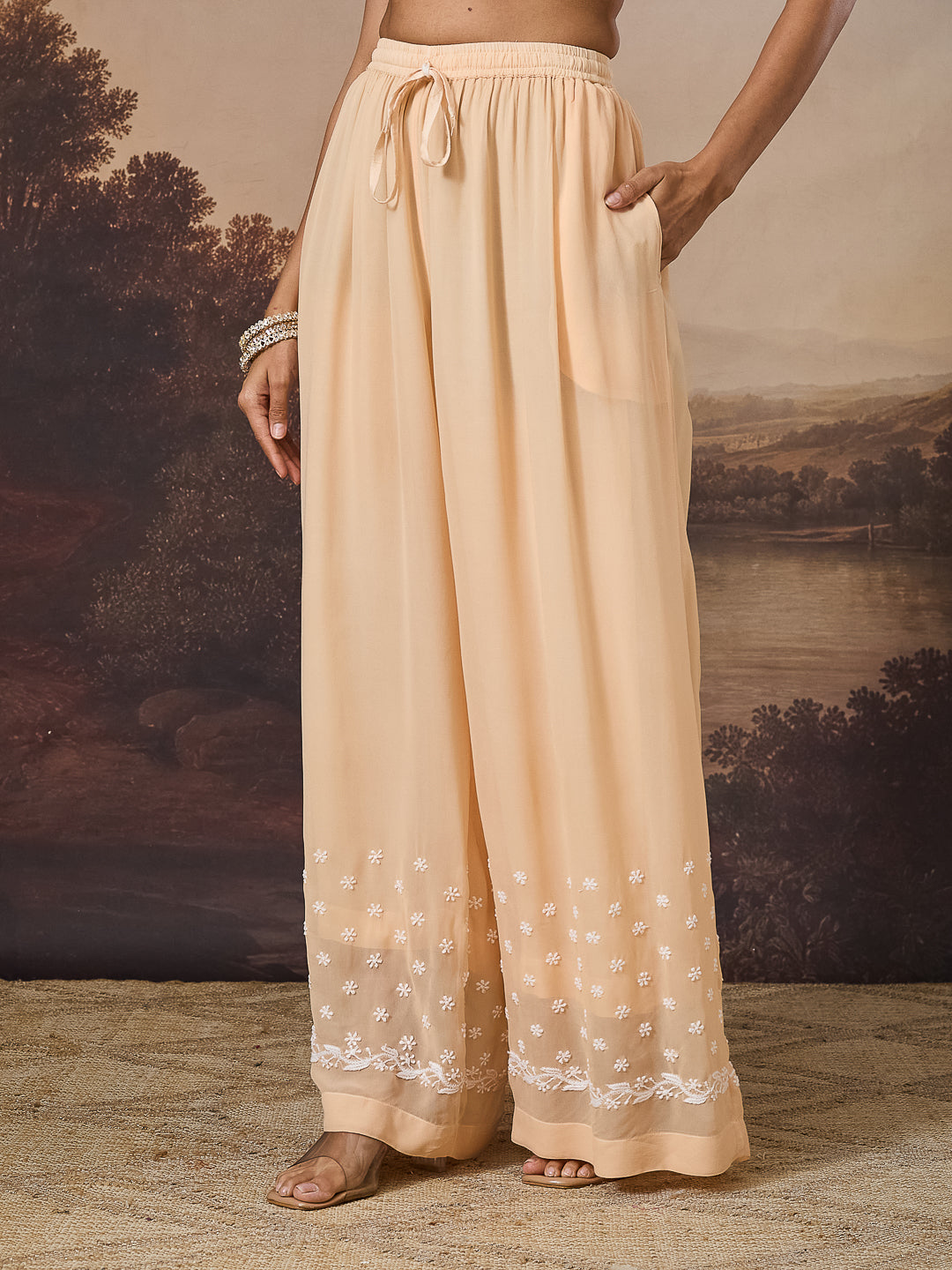 IVAYRA CHIKANKARI GEORGETTE BEIGE WIDE LEG PANTS