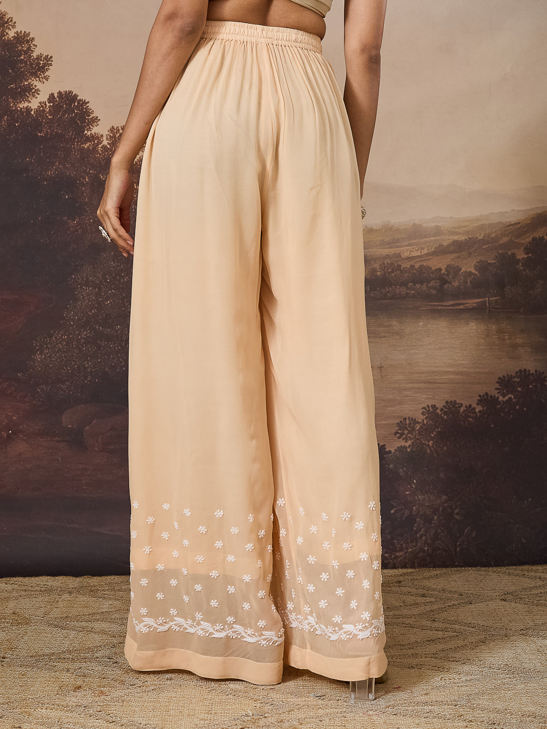 IVAYRA CHIKANKARI GEORGETTE BEIGE WIDE LEG PANTS