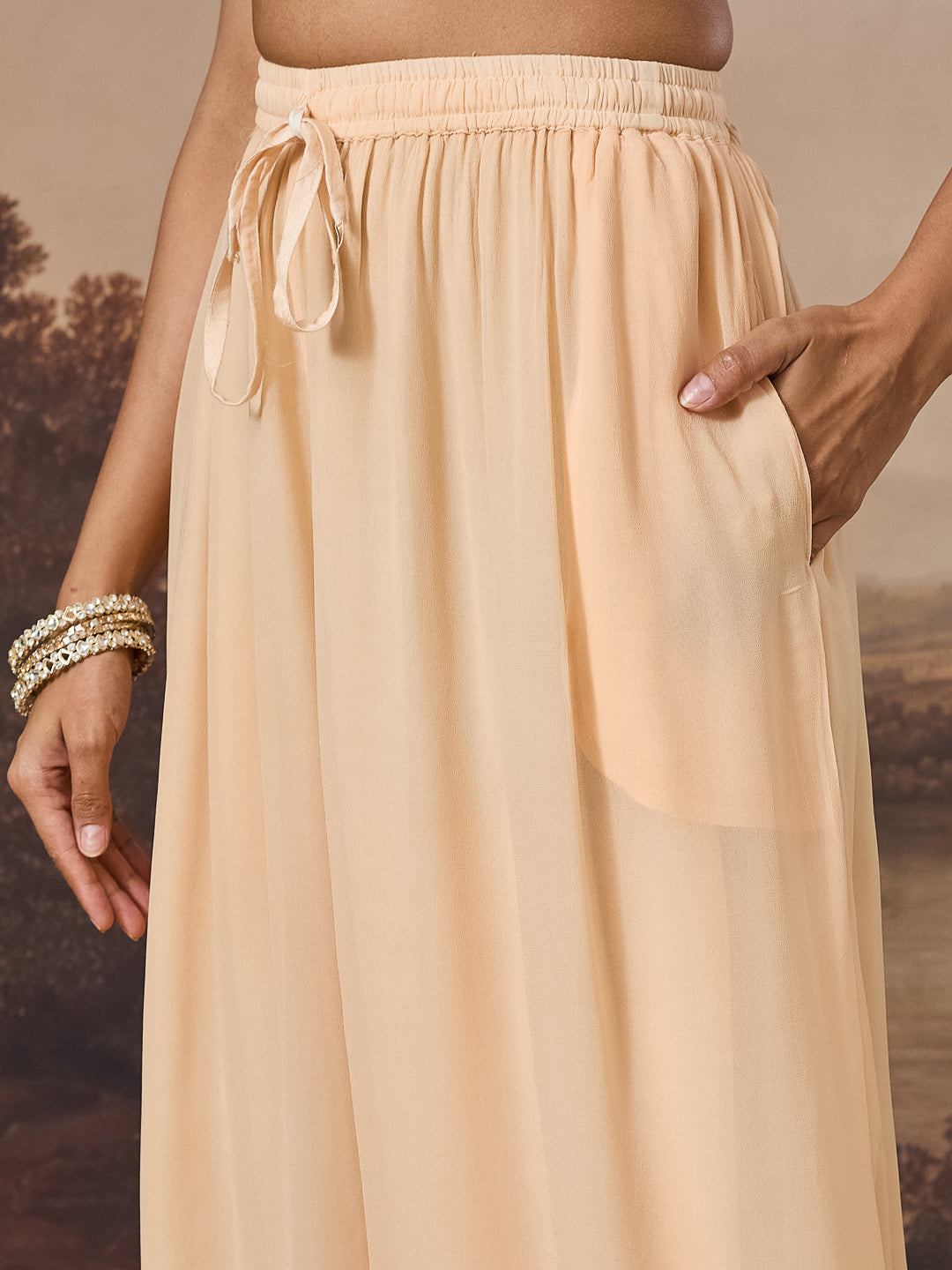 IVAYRA CHIKANKARI GEORGETTE BEIGE WIDE LEG PANTS