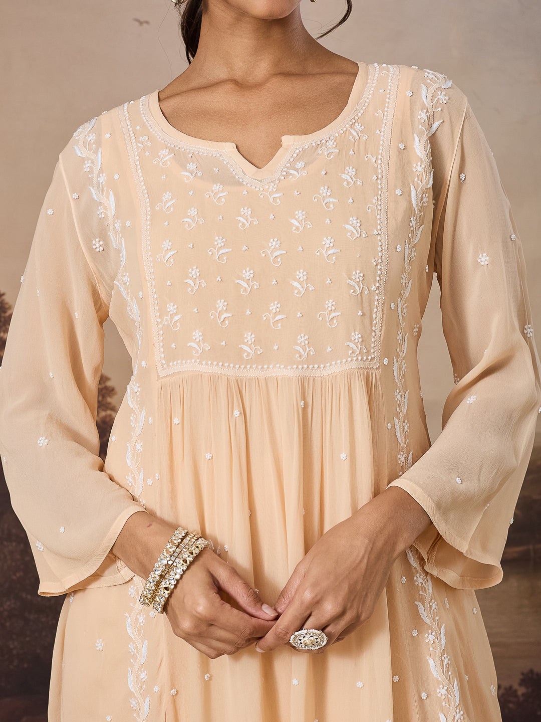 NAYRA CHIKANKARI GEORGETTE BEIGE KURTA