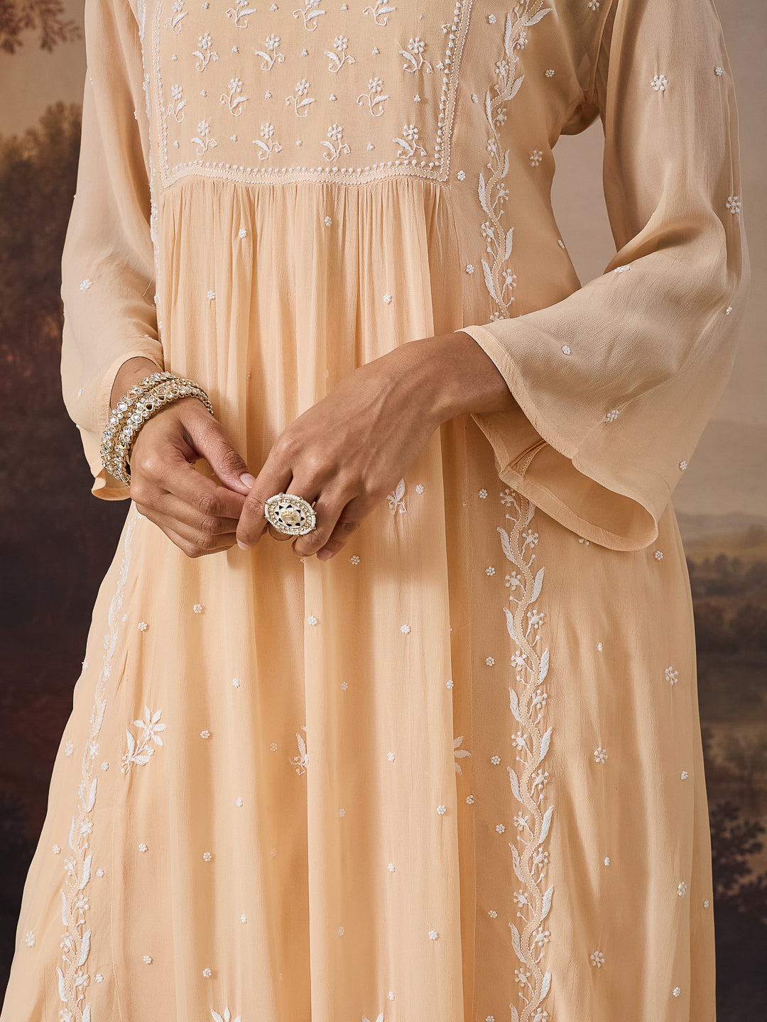 NAYRA CHIKANKARI GEORGETTE BEIGE KURTA