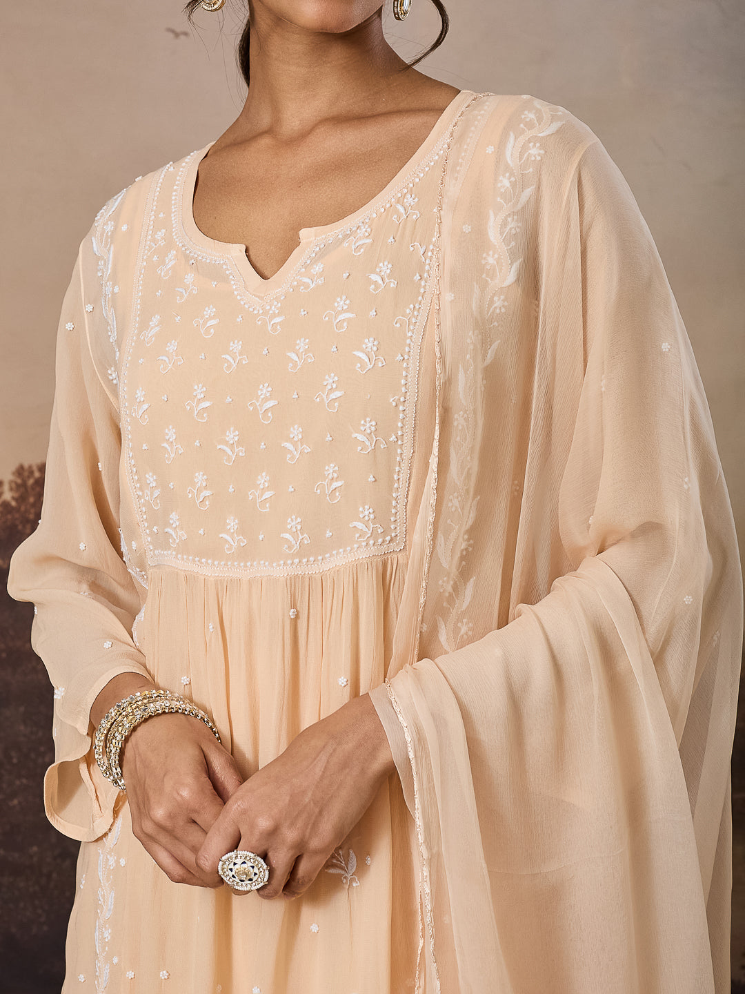 NAYRA CHIKANKARI GEORGETTE BEIGE KURTA SET