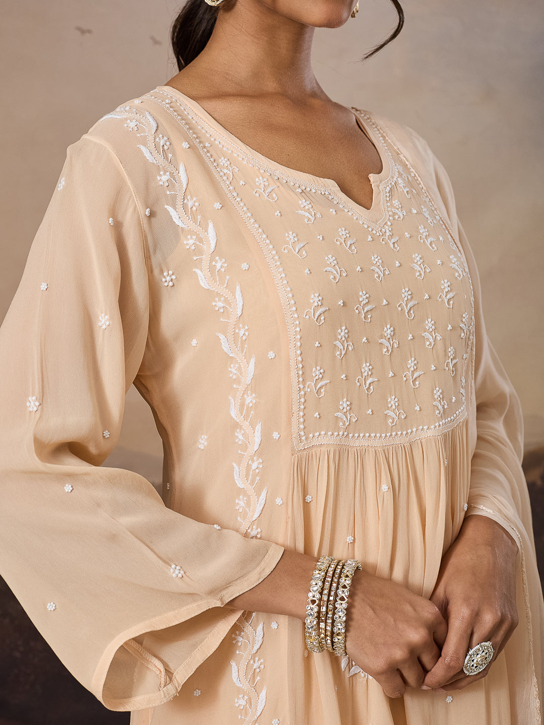 NAYRA CHIKANKARI GEORGETTE BEIGE KURTA