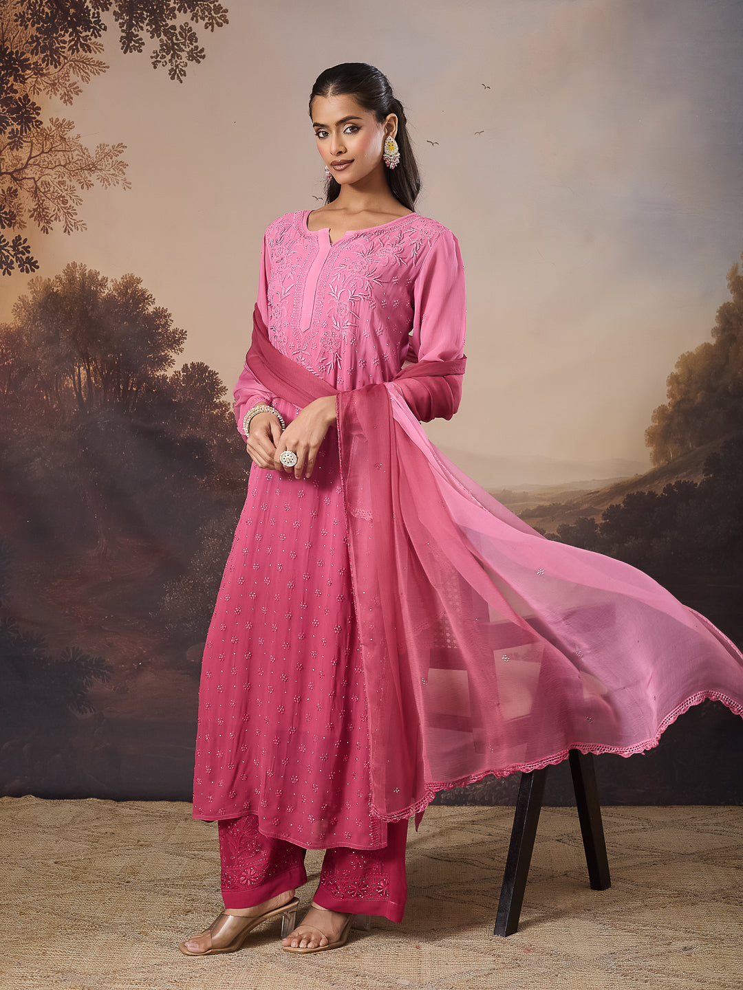 ZAREEN CHIKANKARI GEORGETTE PINK KURTA SET
