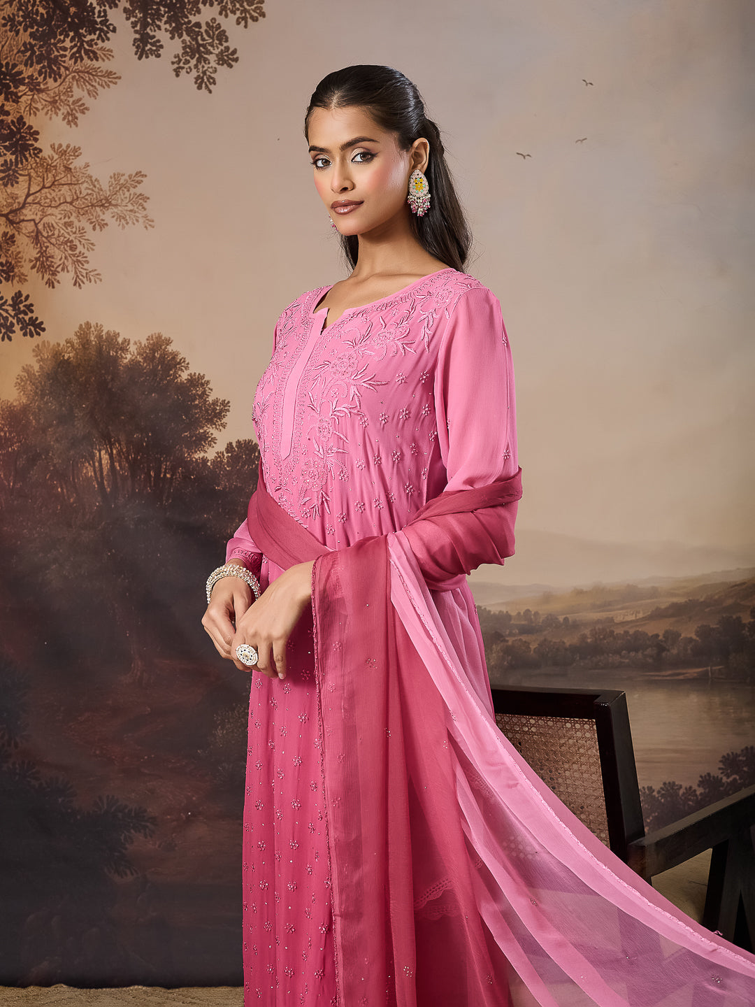 ZAREEN CHIKANKARI GEORGETTE PINK KURTA SET