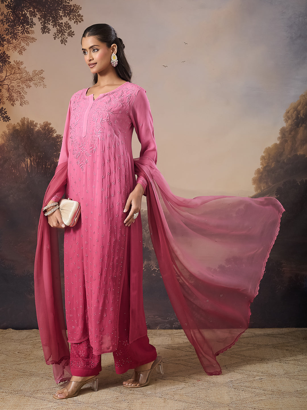 ZAREEN CHIKANKARI GEORGETTE PINK KURTA