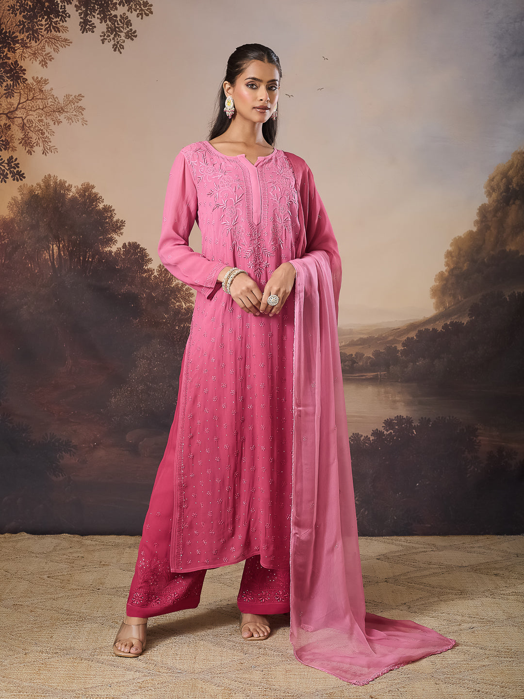 IVAZREEN CHIKANKARI GEORGETTE PINK WIDE LEG PANTS
