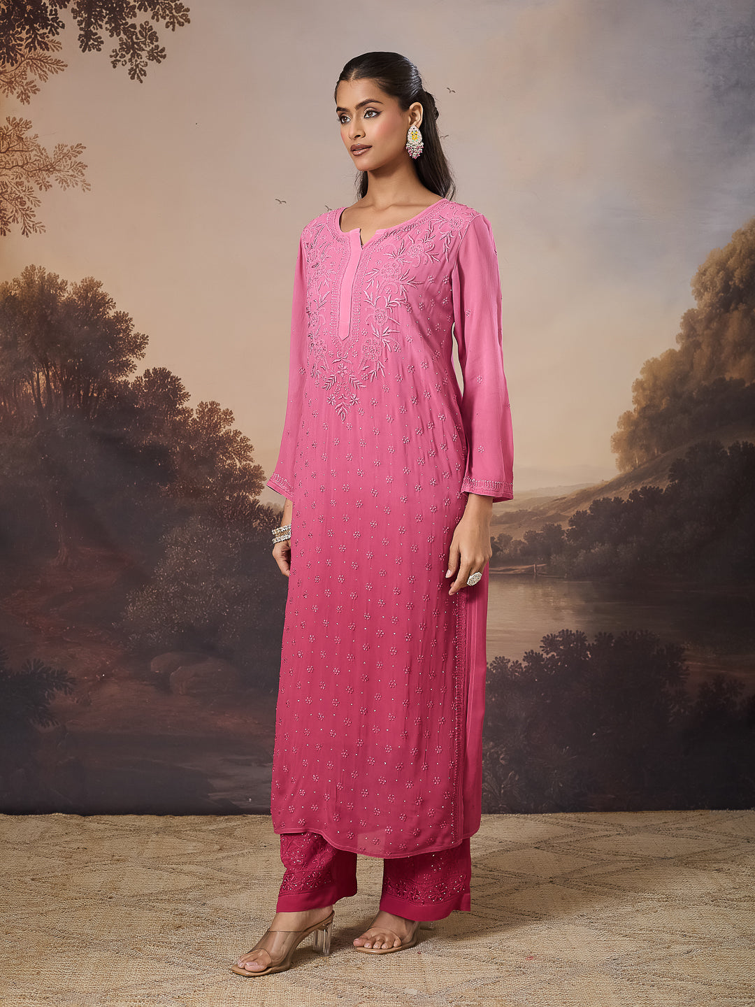 ZAREEN CHIKANKARI GEORGETTE PINK KURTA