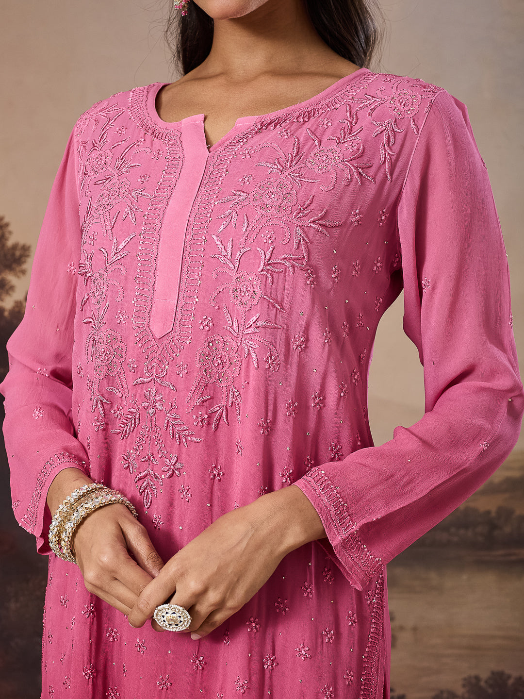 ZAREEN CHIKANKARI GEORGETTE PINK KURTA