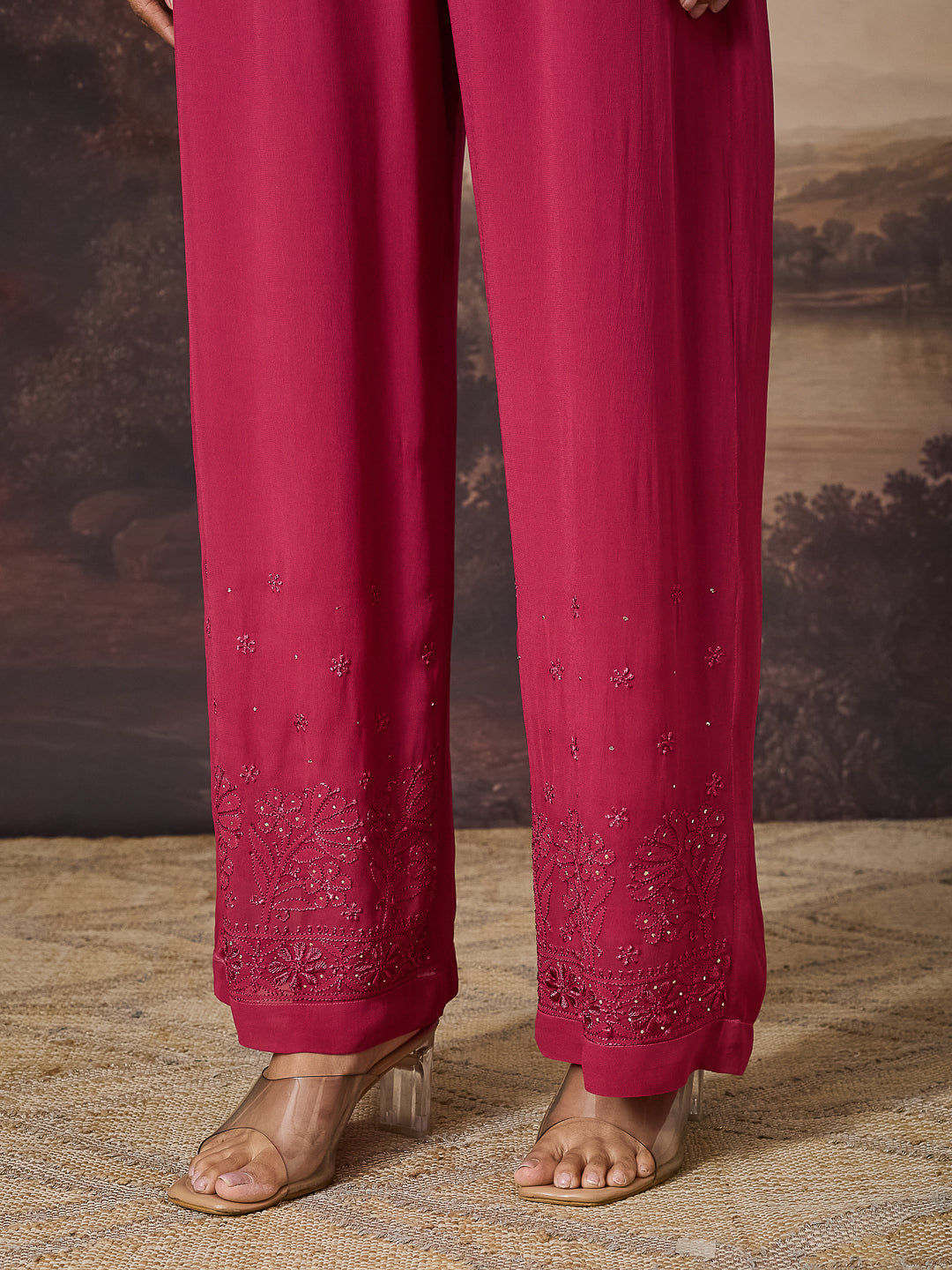 IVAZREEN CHIKANKARI GEORGETTE PINK WIDE LEG PANTS